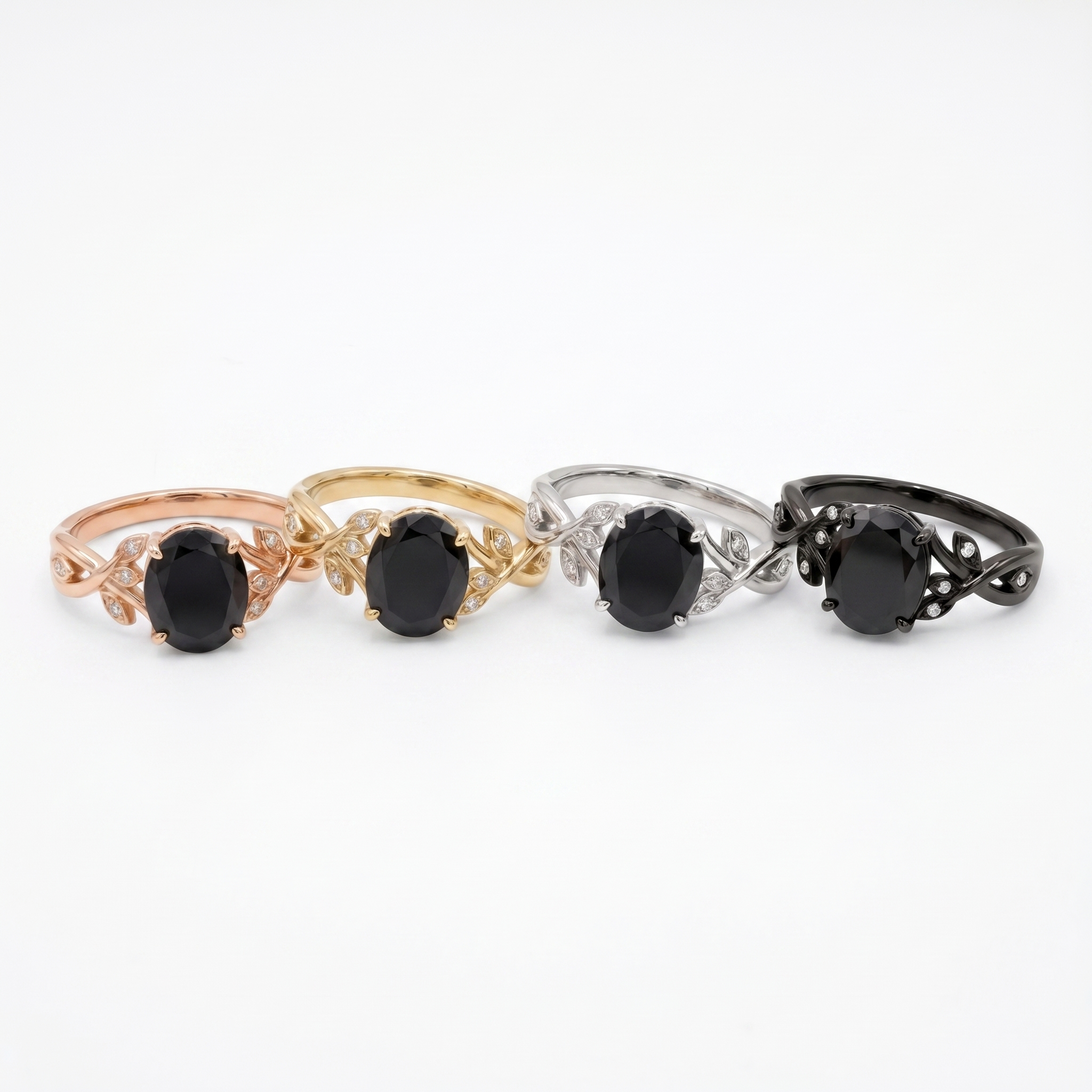 Black Onyx Leaf Vine Ring – Oval Gold Nature Inspired Ring