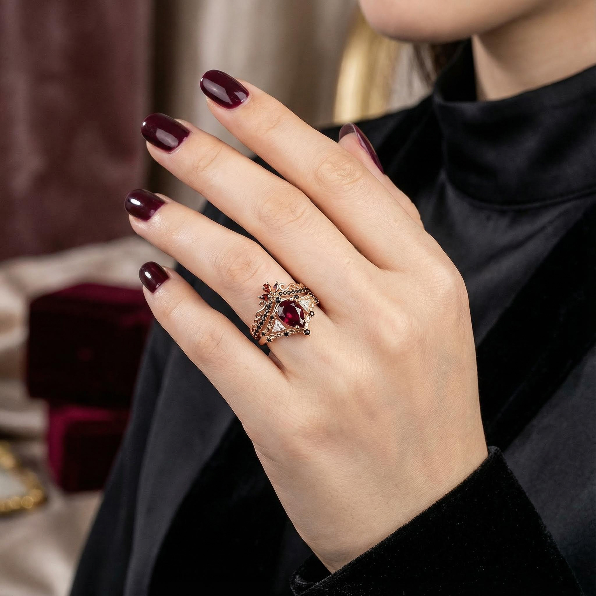 Three-Stone Unique Pear Shaped Garnet Rose Gold Ring Set with Moissanite&Black Onyx Engagement Ring Set