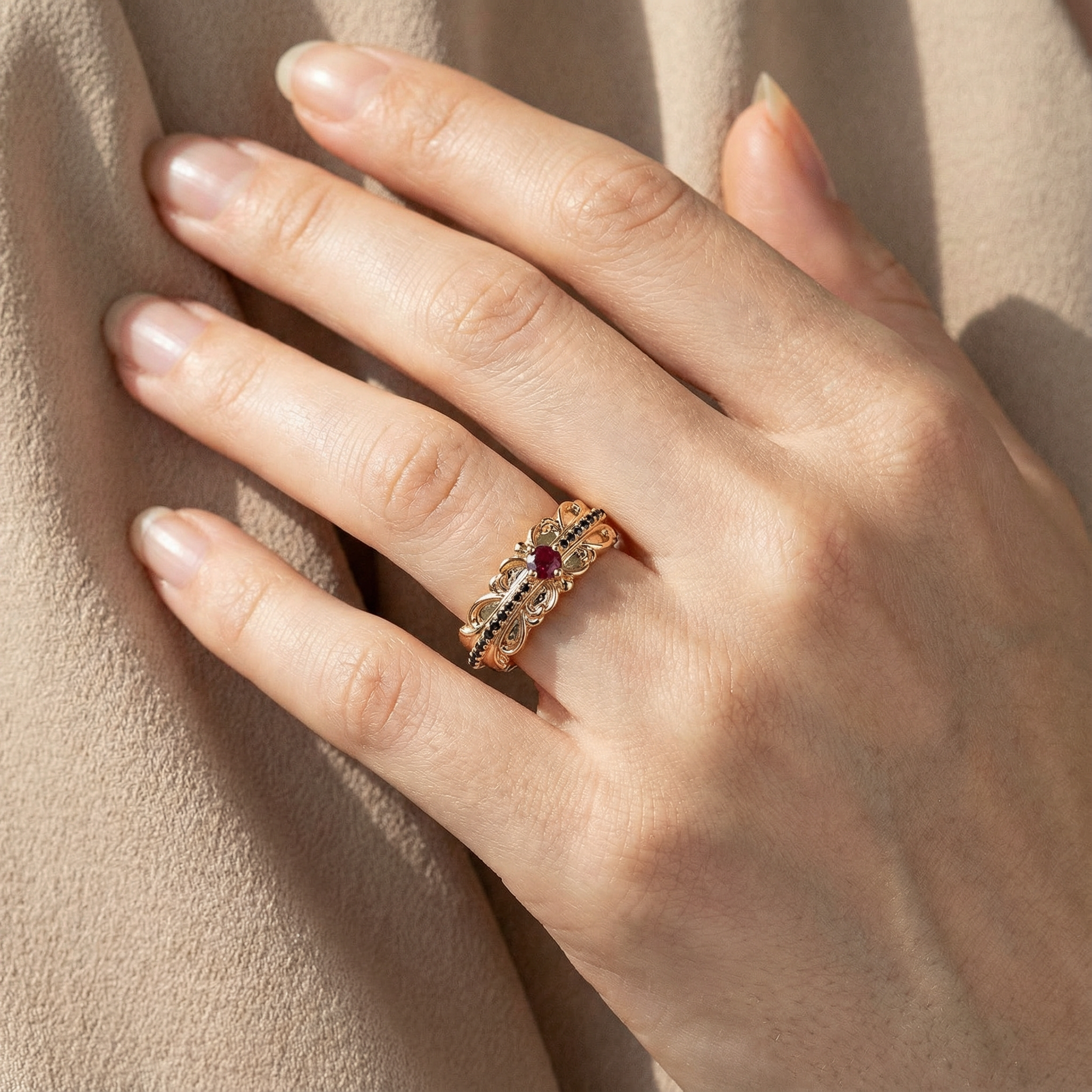 ELEVA - Vintage Round Garnet Rose Gold Engagement Band