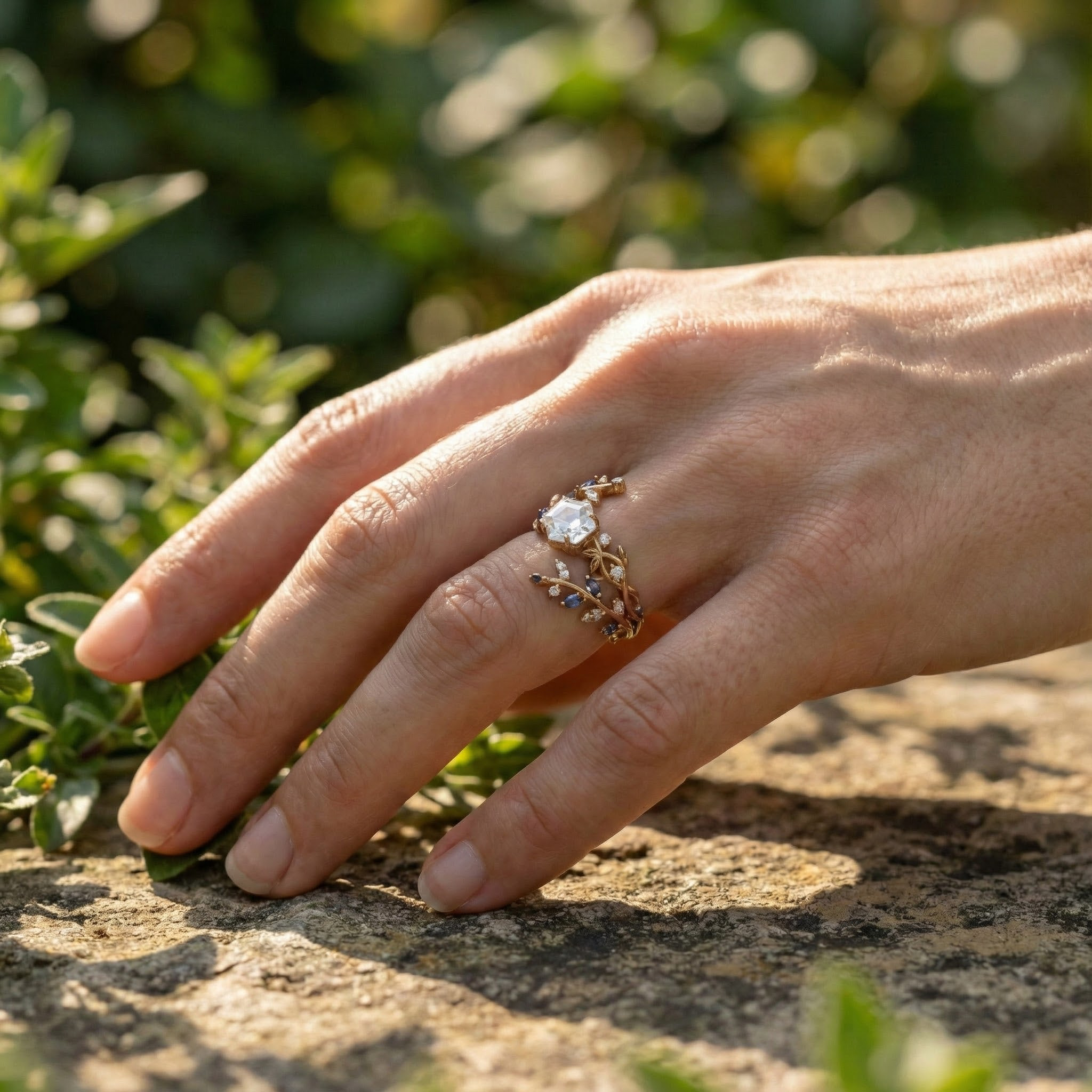 Hexagon Moissanite Engagement Ring Set With Sapphire