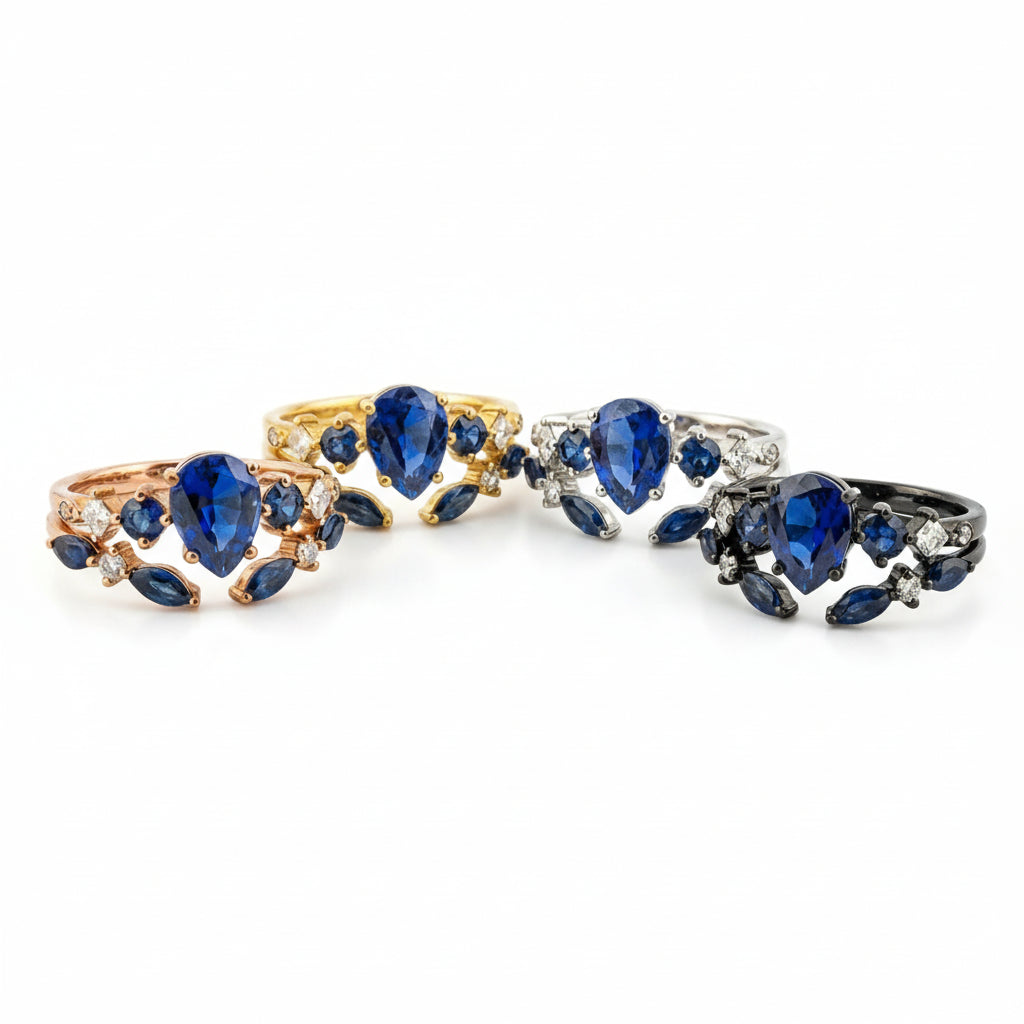 Lifestyle view of Pear Lab Sapphire Ring Set in Gold