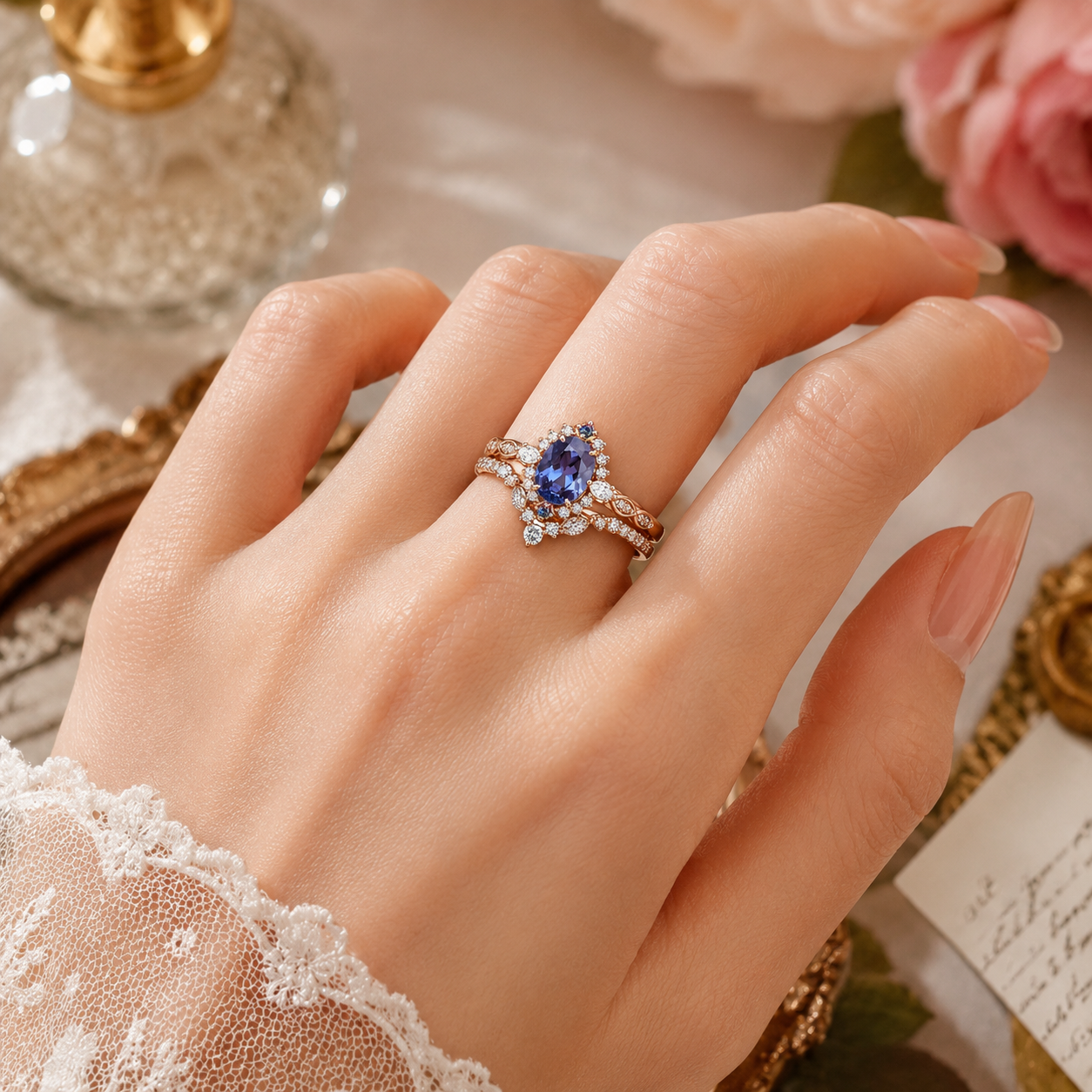 Oval lab alexandrite bridal set worn on hand with matching curved band