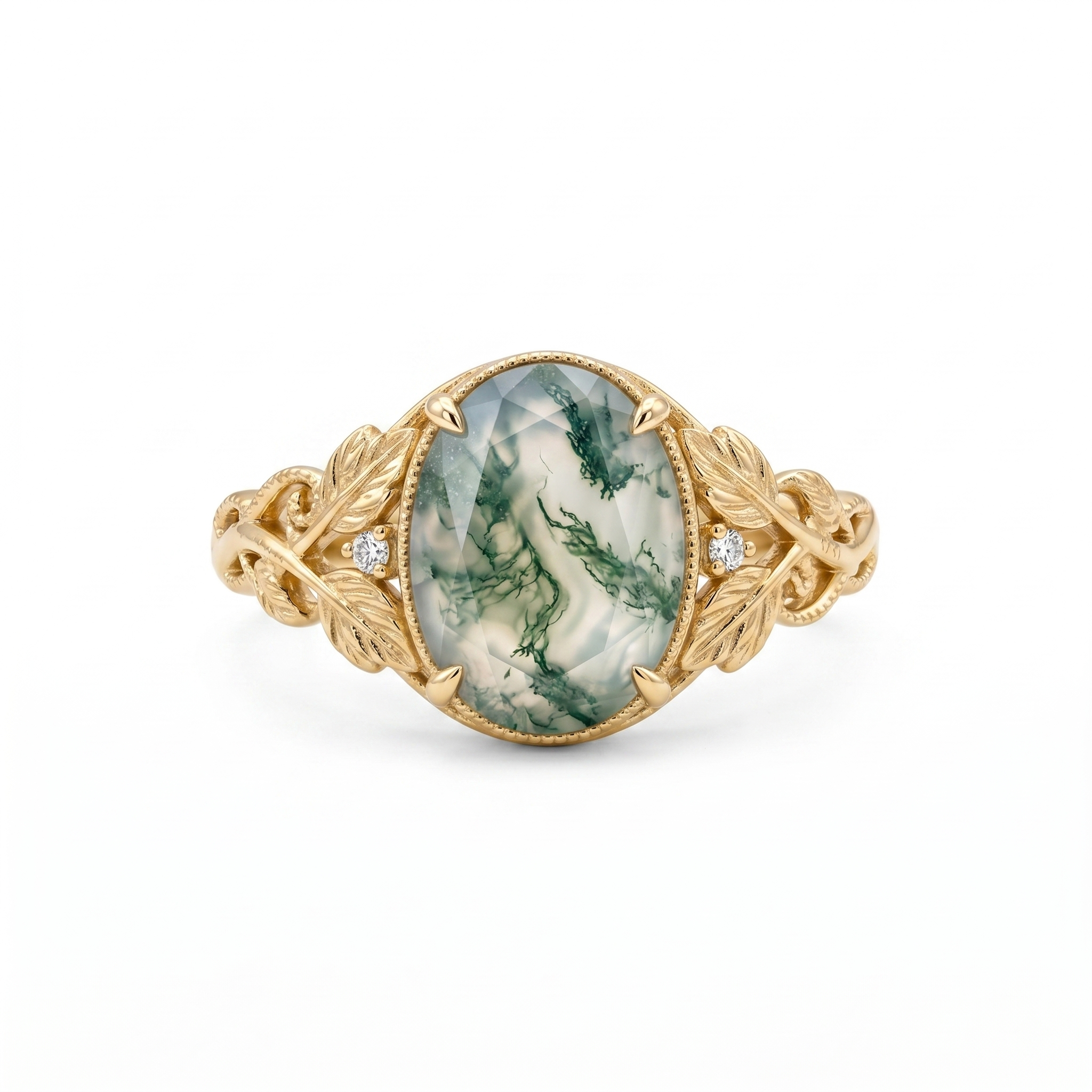 Oval moss agate leaf engagement ring in yellow gold with delicate accent stones