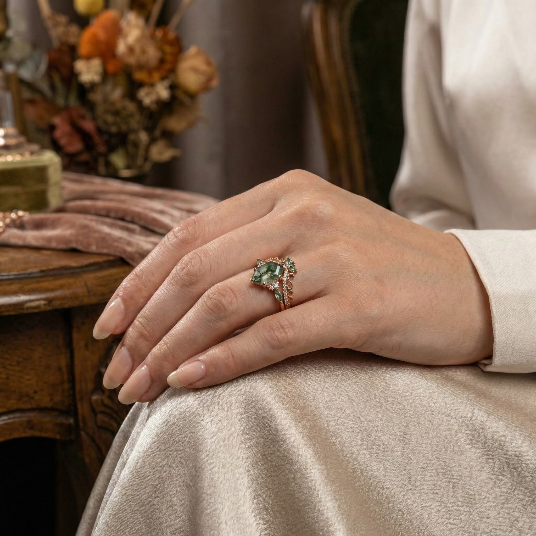 Hexagonal Moss Agate Ring - Nature-inspired gemstone jewelry for a chic and organic look