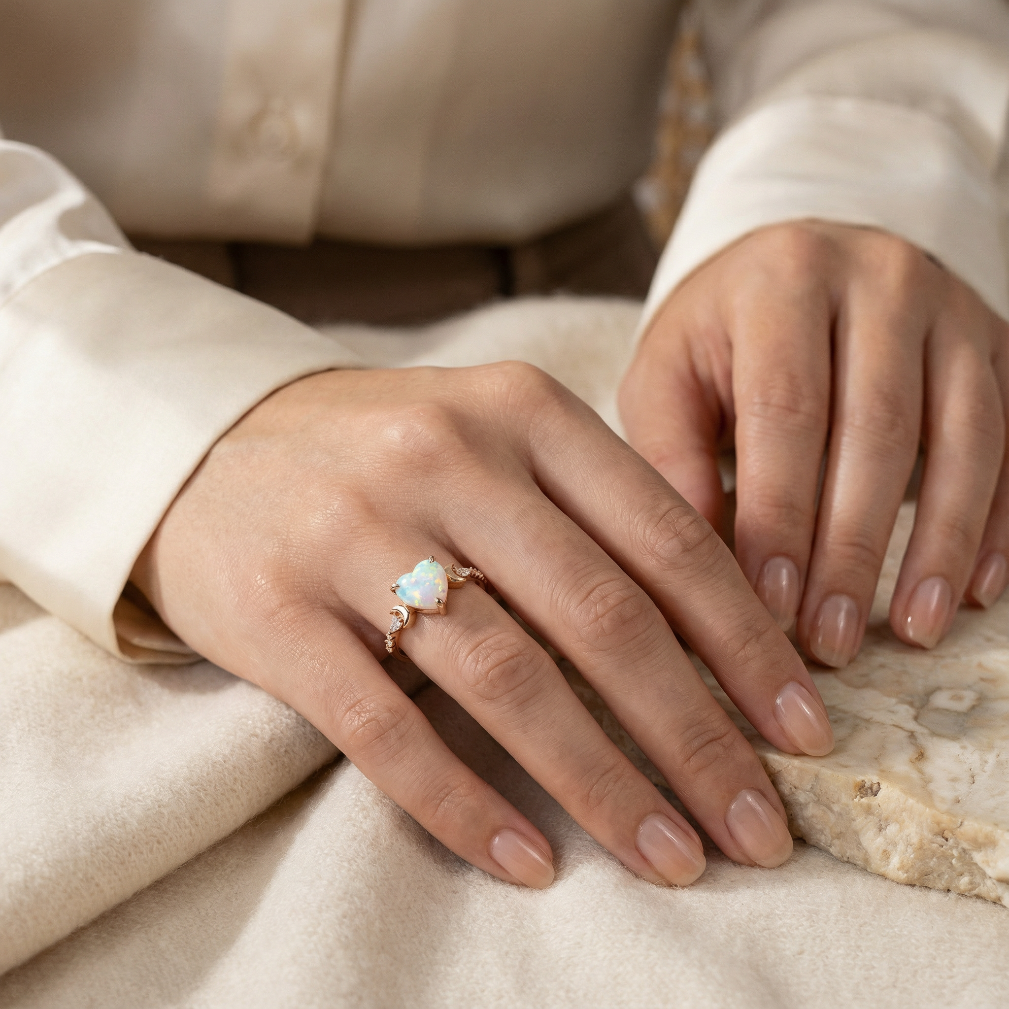 Heart Lab Opal and Moissanite Ring Opal Enagegment Ring Unique Ring