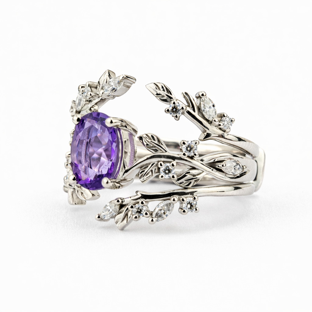 Detailed view of Oval Amethyst Ring Set in White Gold