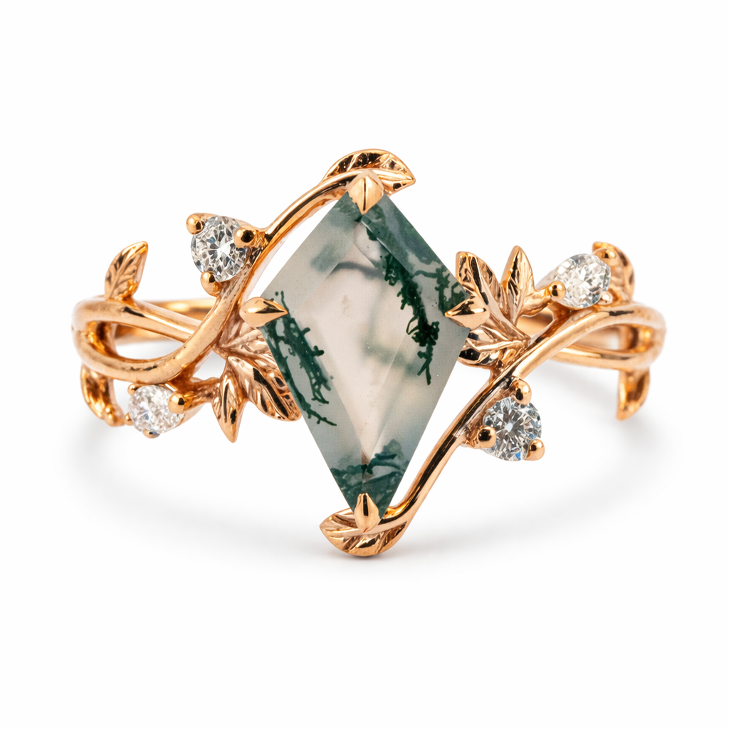 Front view of Kite Cut Moss Agate Engagement Ring in Gold