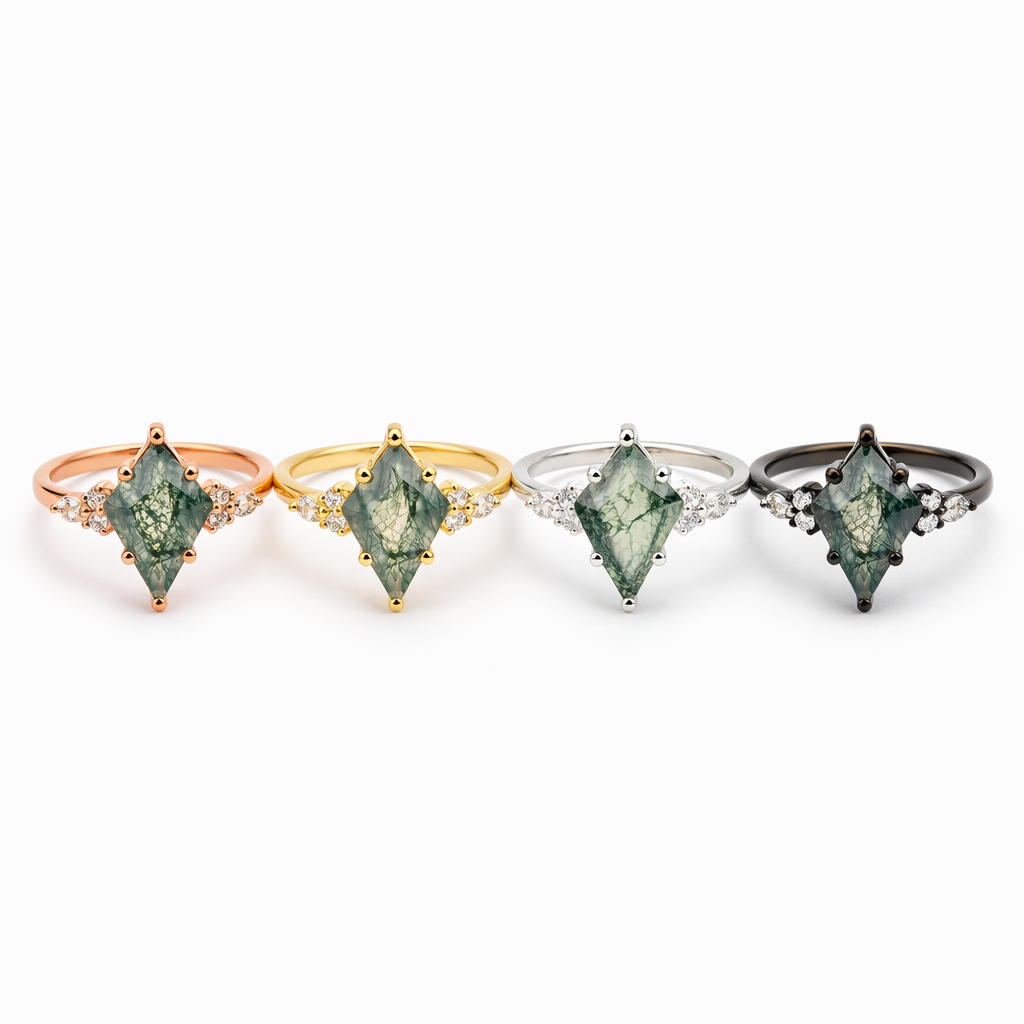 Lifestyle view of Kite Cut Moss Agate Engagement Ring in Gold