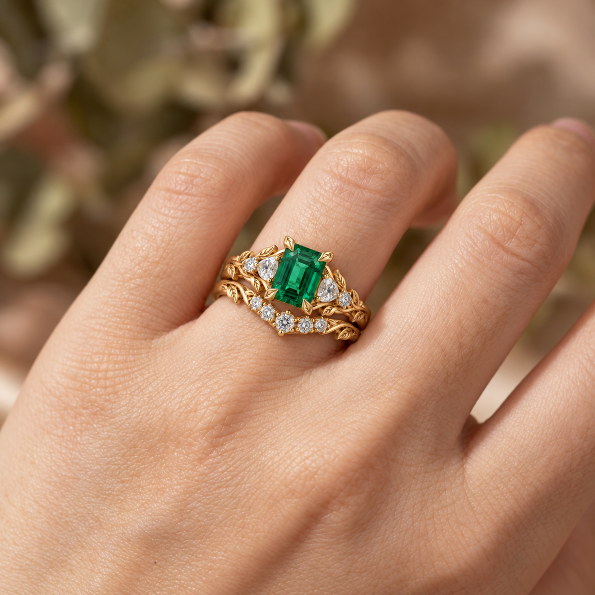 Emerald-cut green gemstone ring with pear-shaped side stones and gold leaves