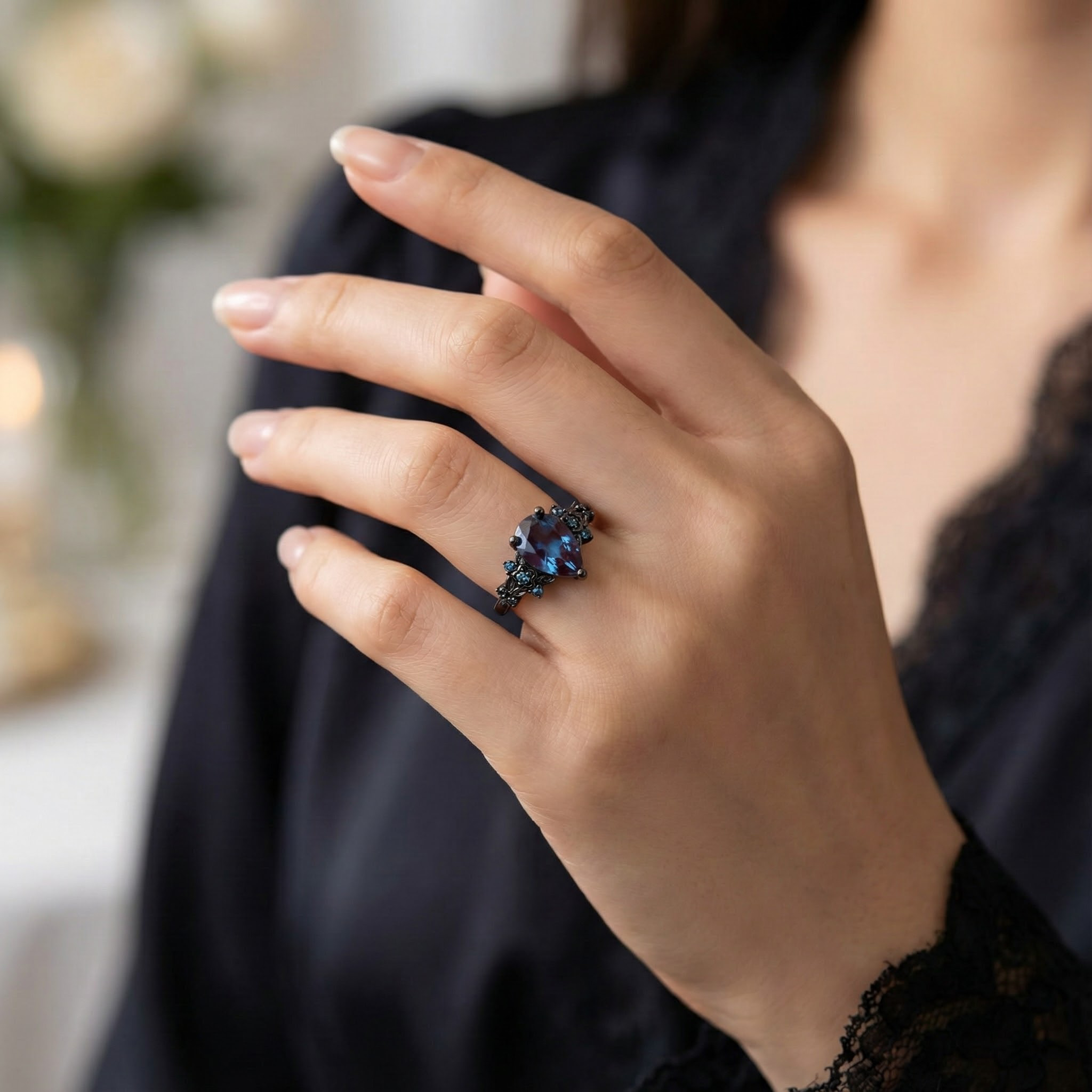 Botanical Elegance -Pear Cut Lab Alexandrite Black Gold Engagement Ring Set Floral Ring