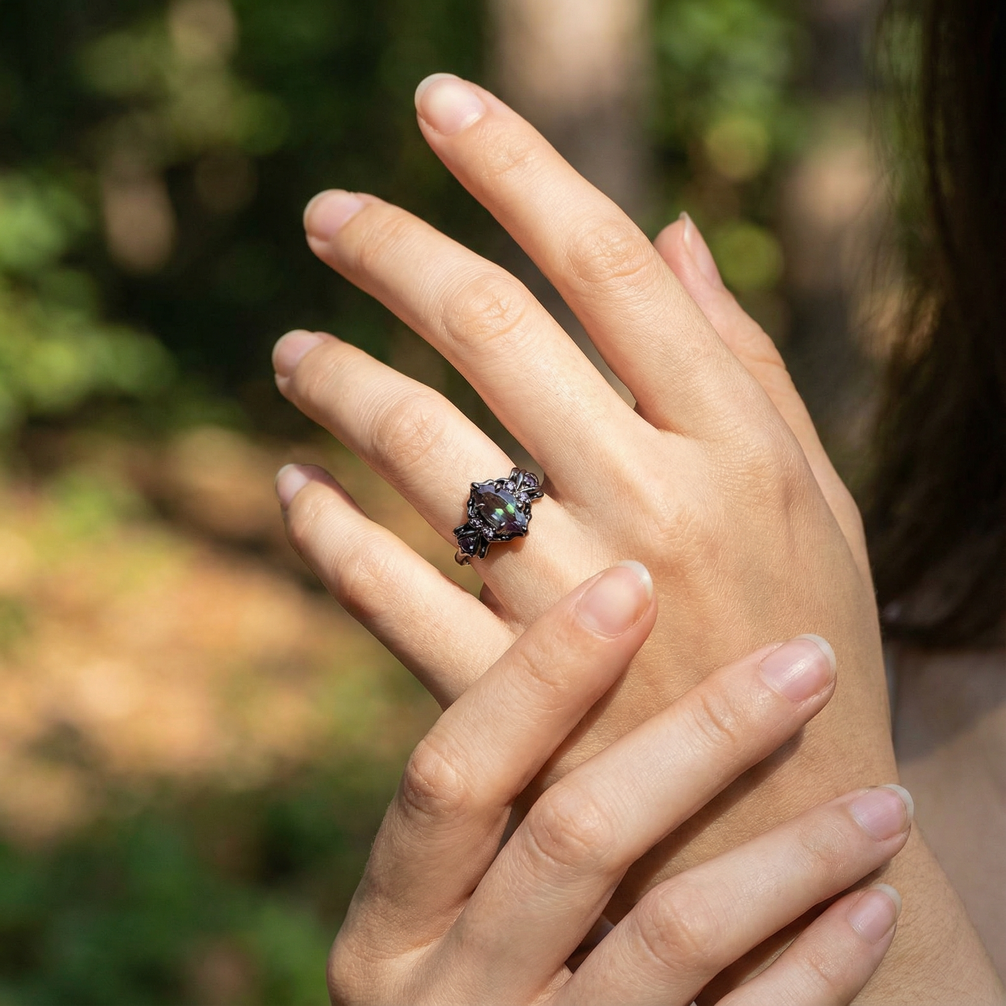 Marquise Lab Alexandrite With Amethyst Black Gold Engagement Ring Art Deco Ring