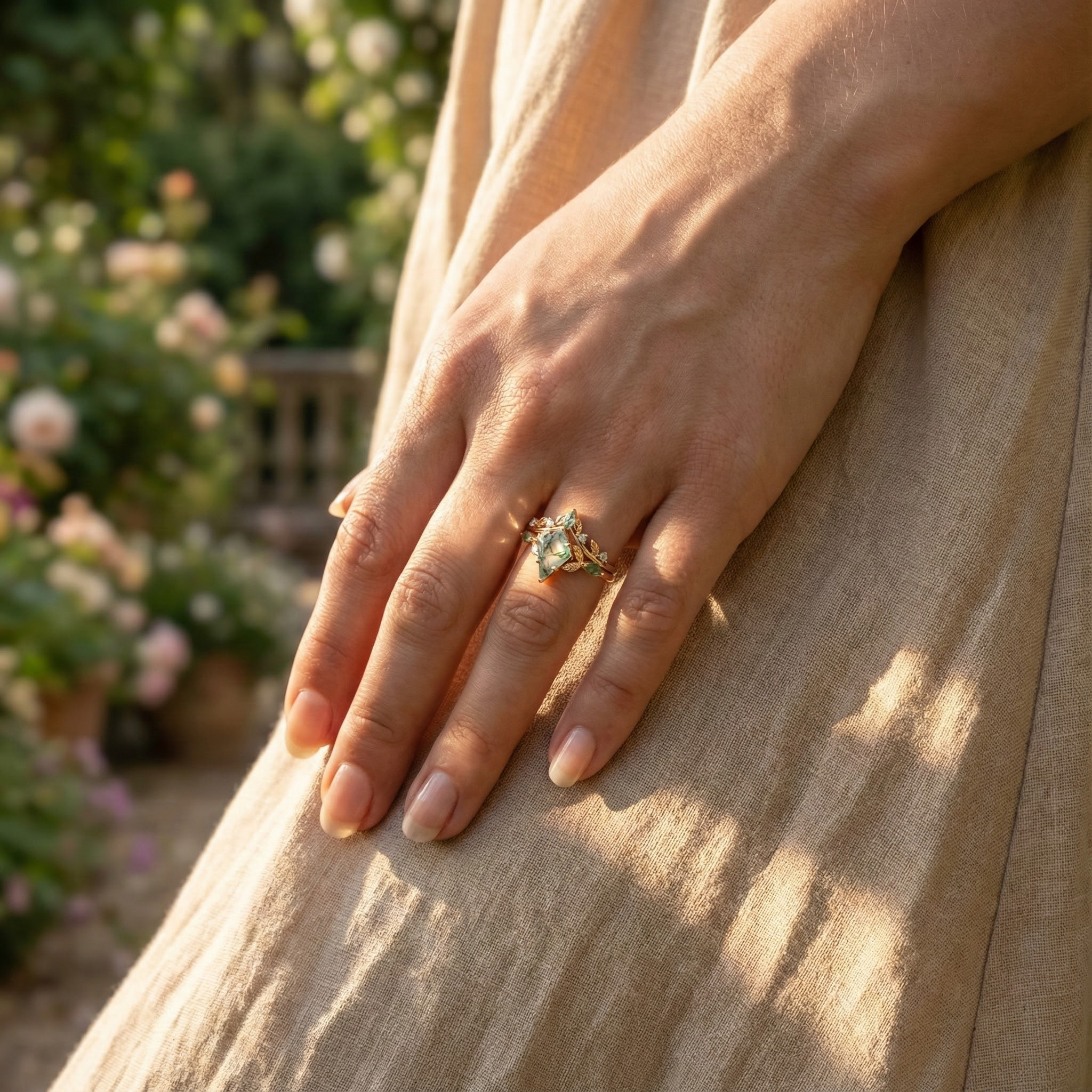Kite Moss Agate Ring Set with intricate leaf detailing, ideal for eco-conscious fashion enthusiasts.