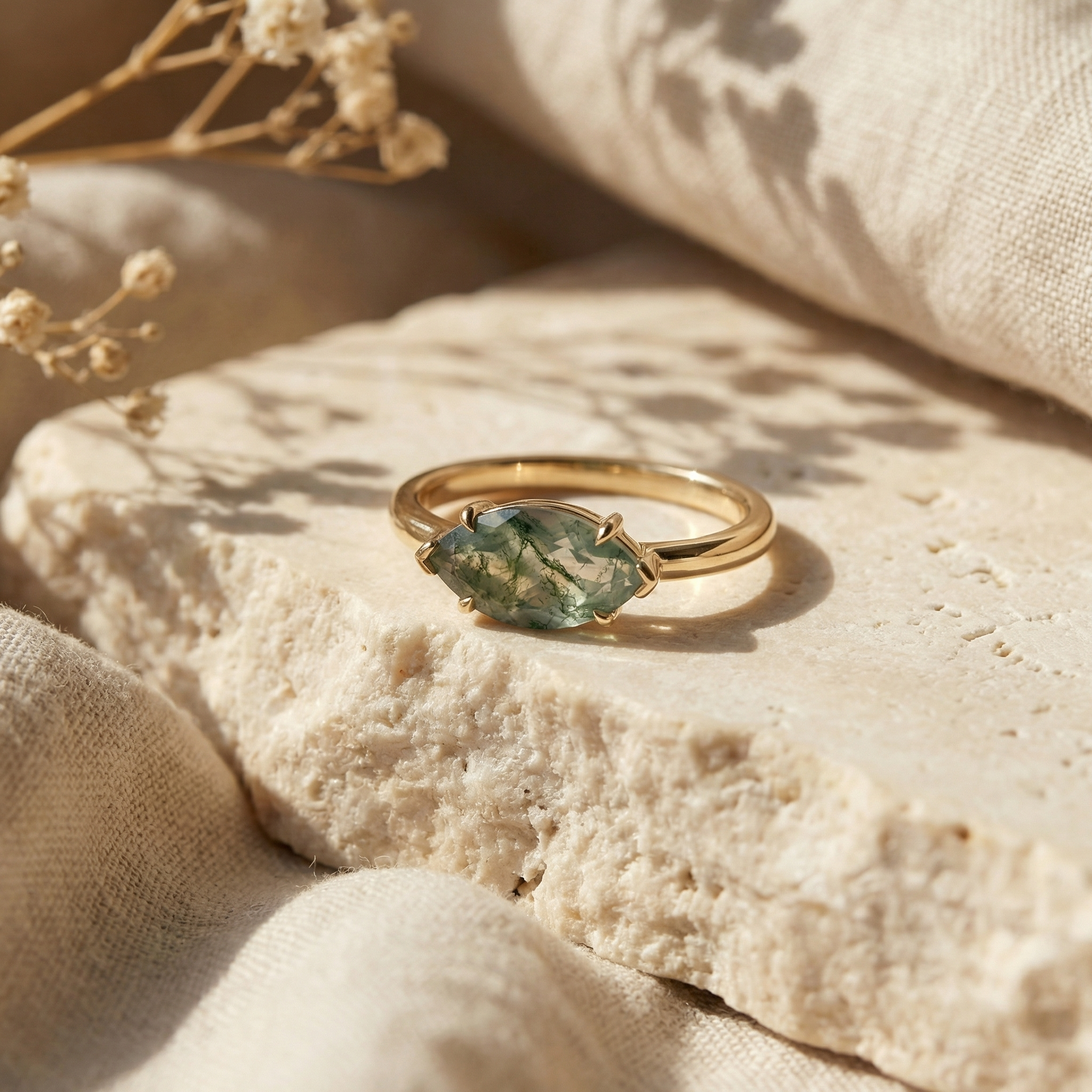 Lifestyle view of Marquise Moss Agate Engagement Ring in Gold