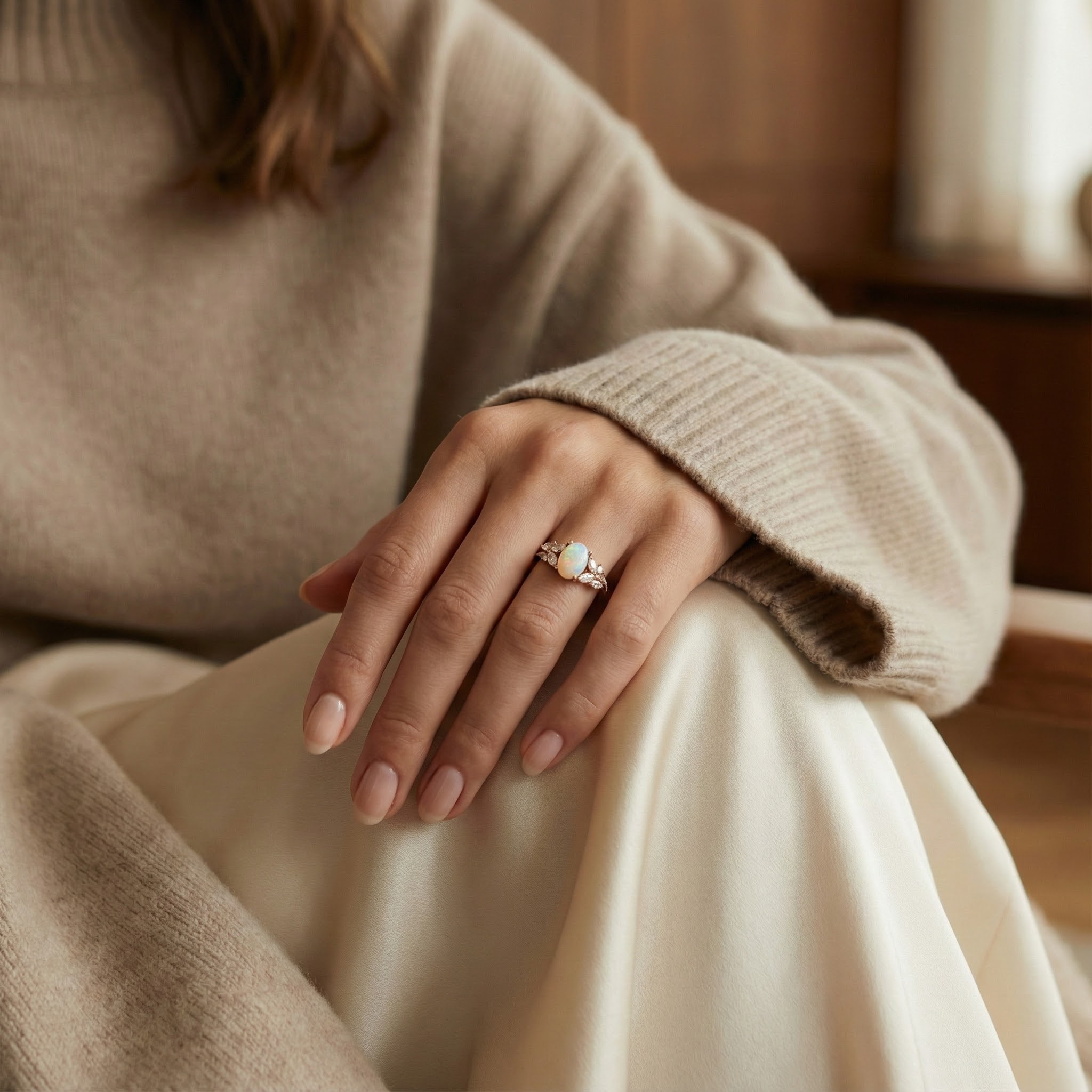 Natural Oval Opal and Moissanite Bridal Engagement Ring Art Deco Ring