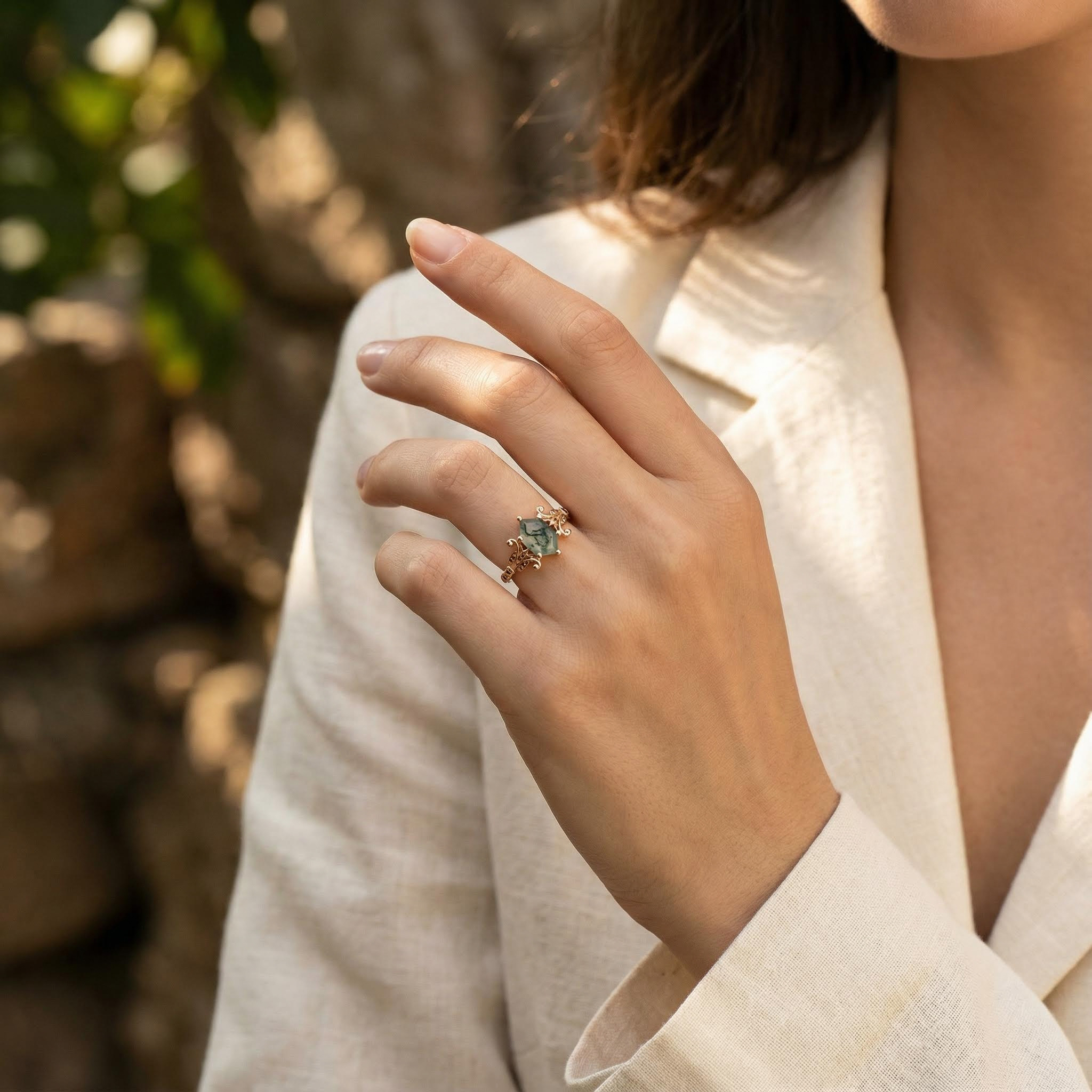 Unique Hexagonal Moss Agate and Black Onyx Rose Gold Ring Moss Agate Engagement Ring