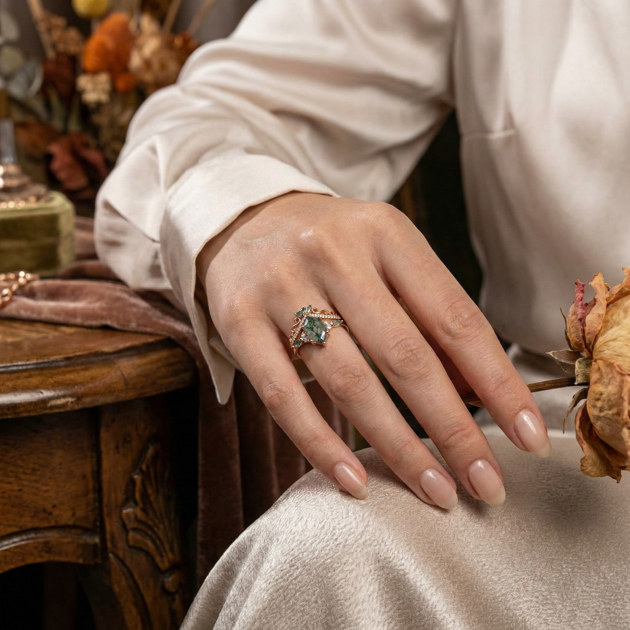 Hexagonal Moss Agate Ring - Nature-inspired gemstone jewelry for a chic and organic look