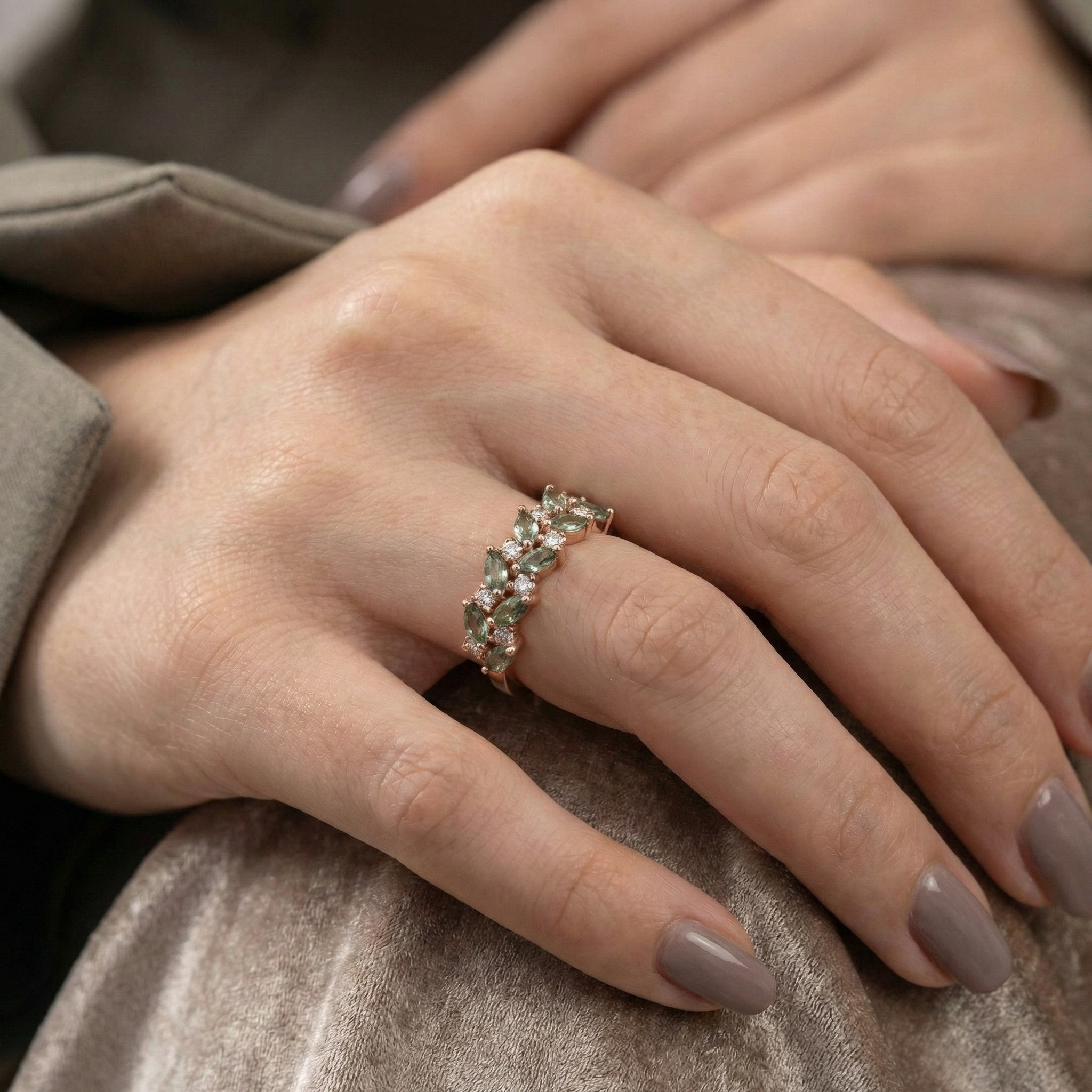 Detailed view of Moss Agate Wedding Band in Gold