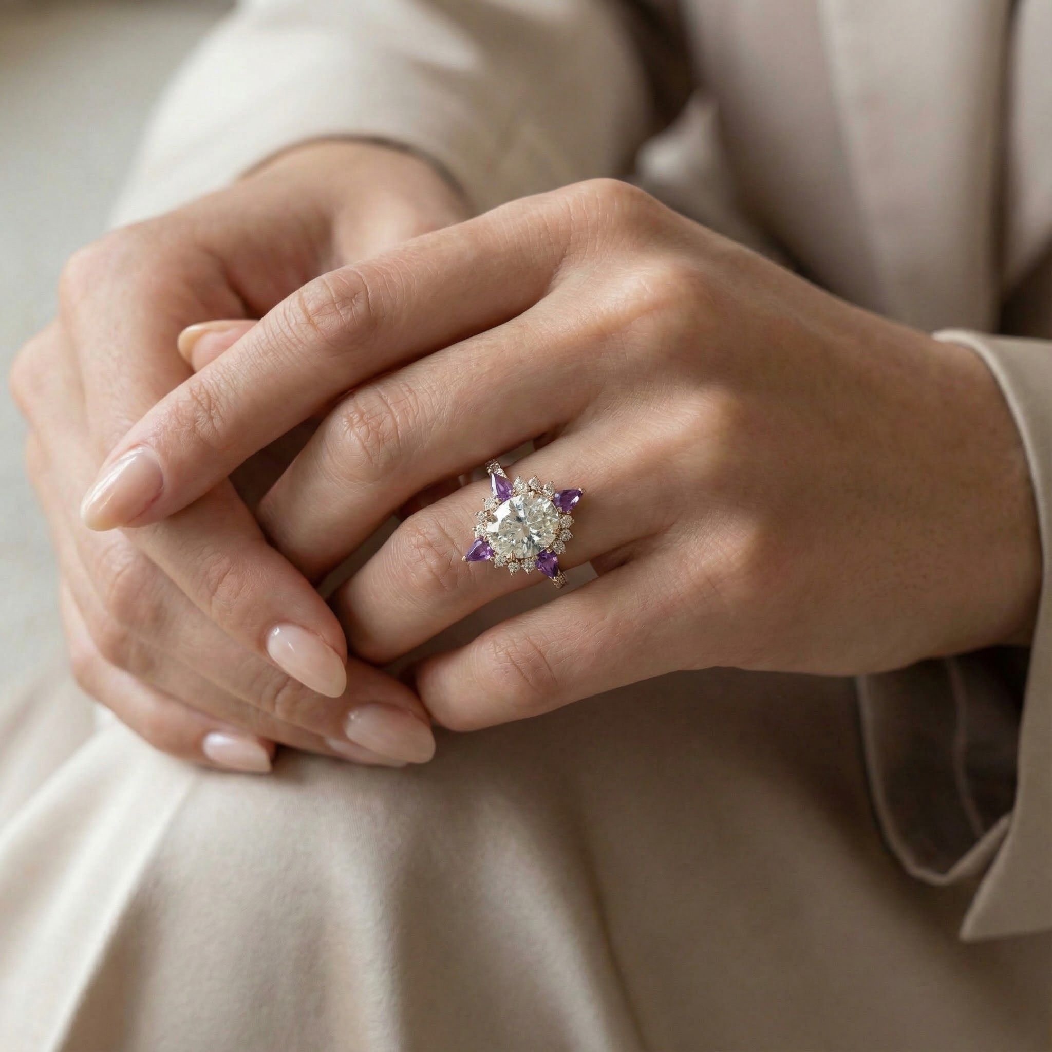 Beautiful oval moissanite gemstone ring with cross amethyst accents for elegant jewelry collection