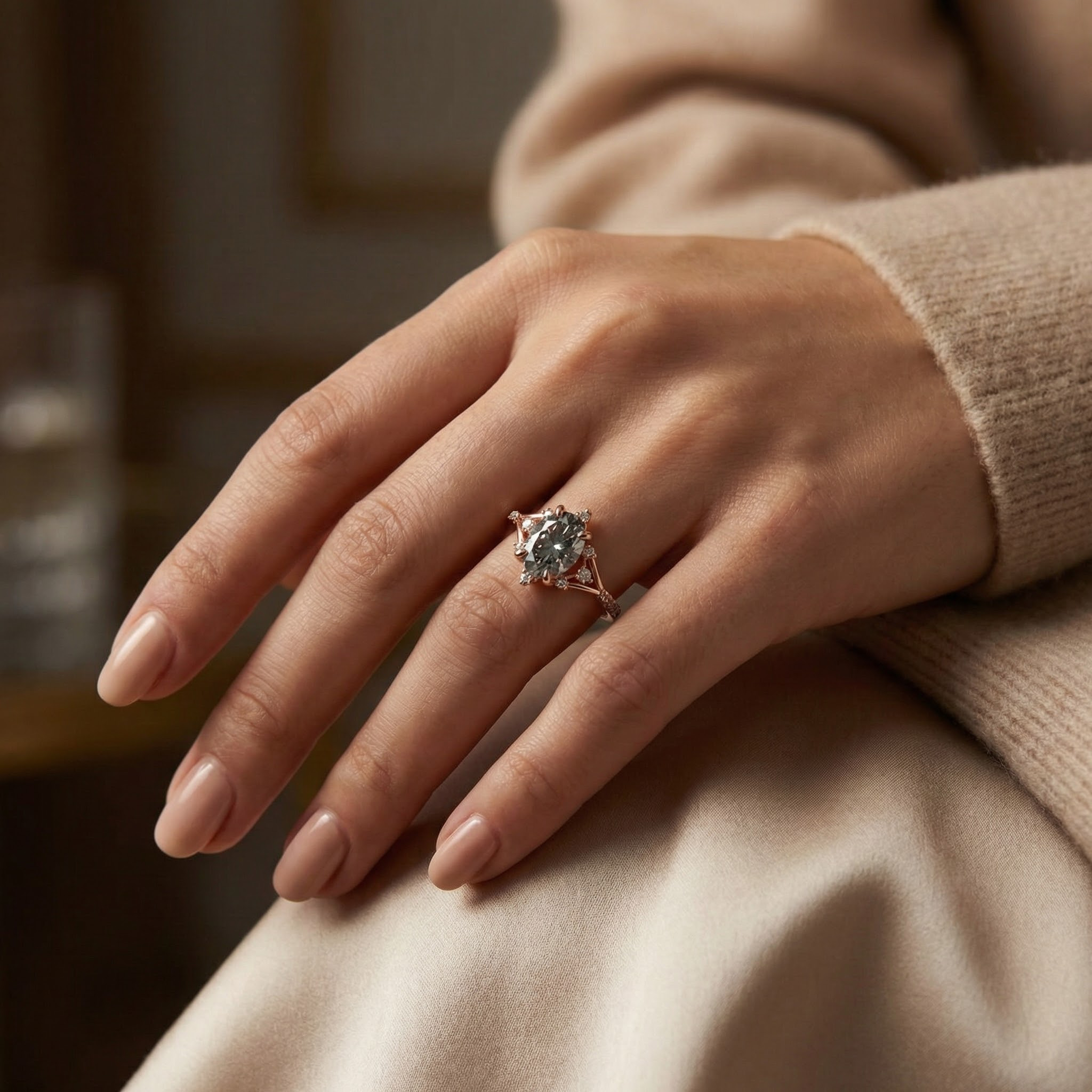 Angled view of Oval Moissanite Engagement Ring in Gold