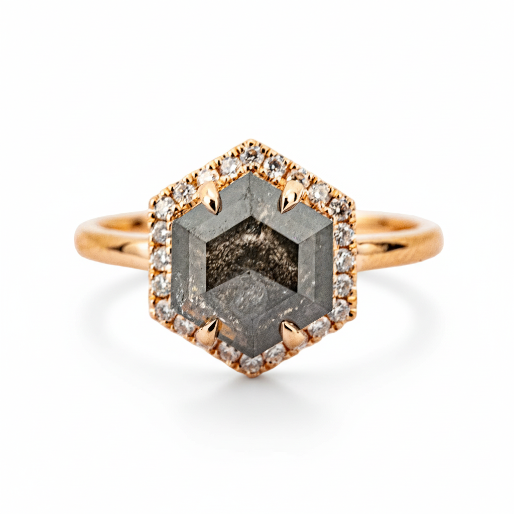 2 Carat Hexagonal Salt and Pepper Diamond Wedding Ring Halo Ring