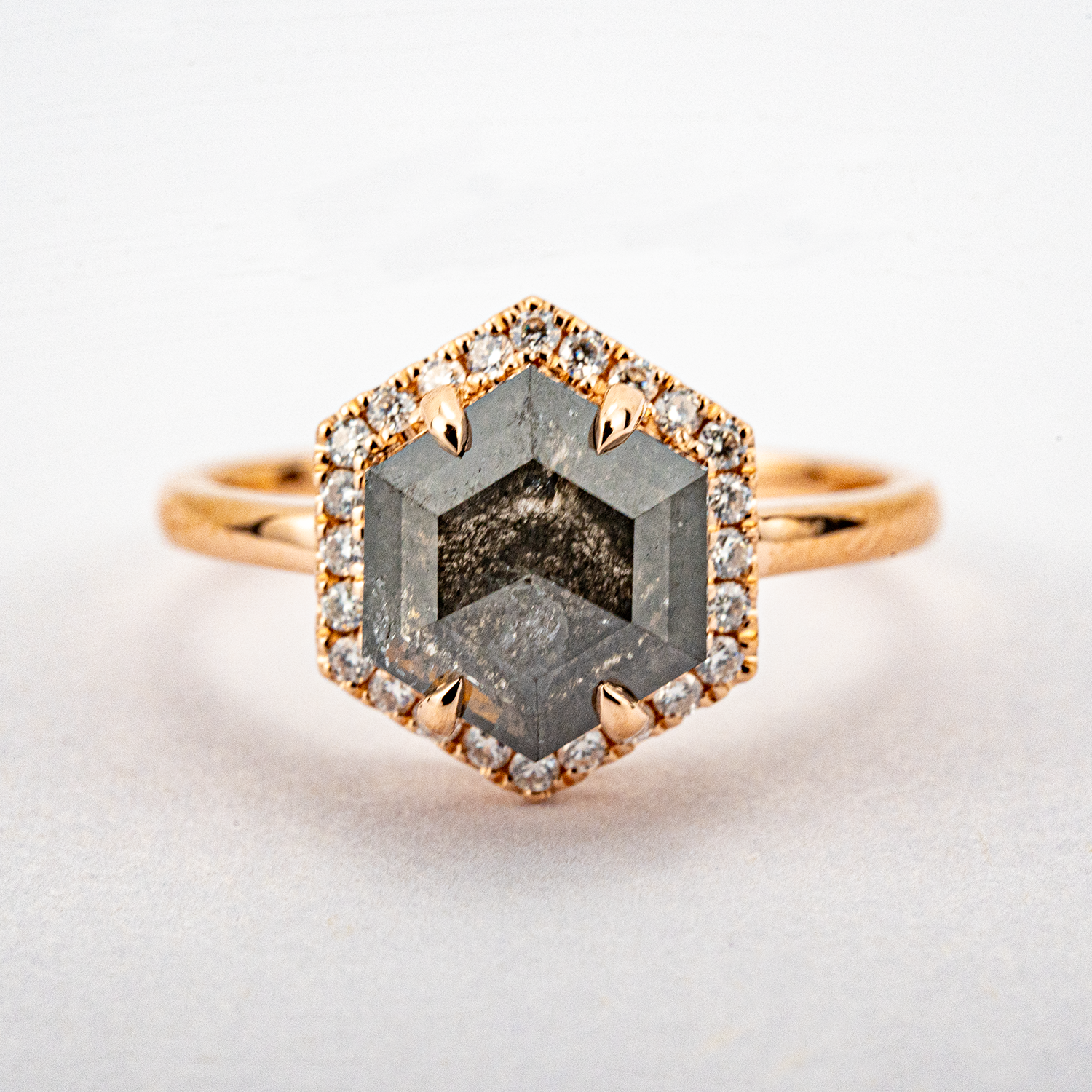 2 Carat Hexagonal Salt and Pepper Diamond Wedding Ring Halo Ring