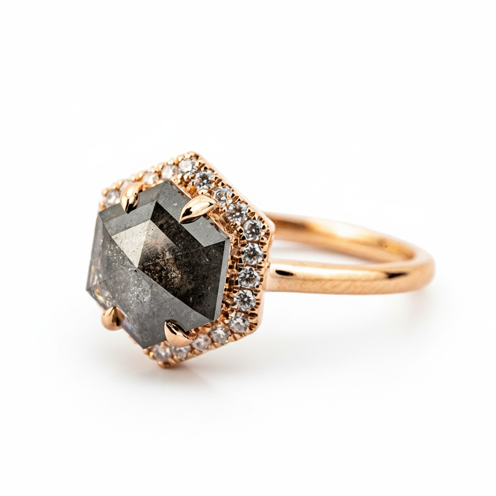 Product view of Hexagon Salt and Pepper Diamond Ring in Gold