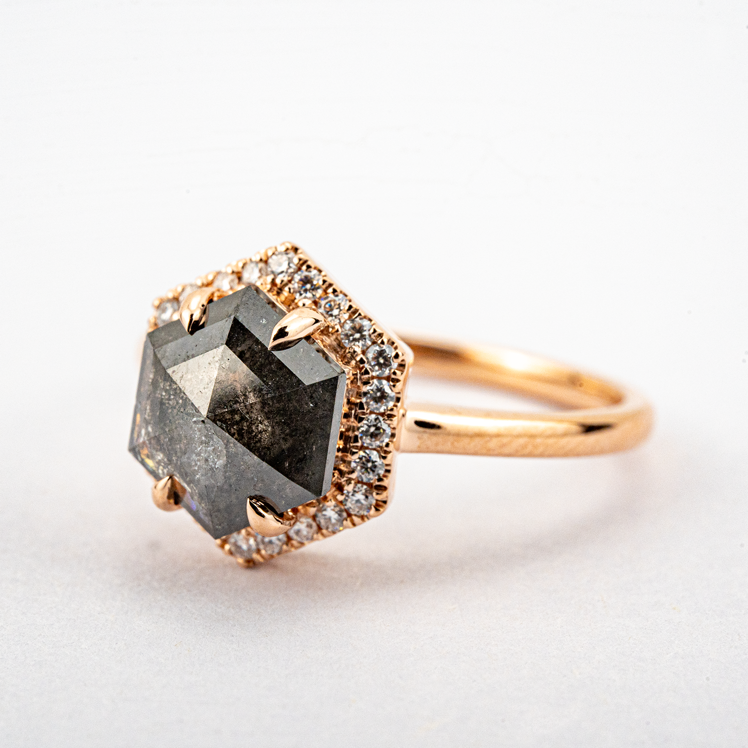 2 Carat Hexagonal Salt and Pepper Diamond Wedding Ring Halo Ring