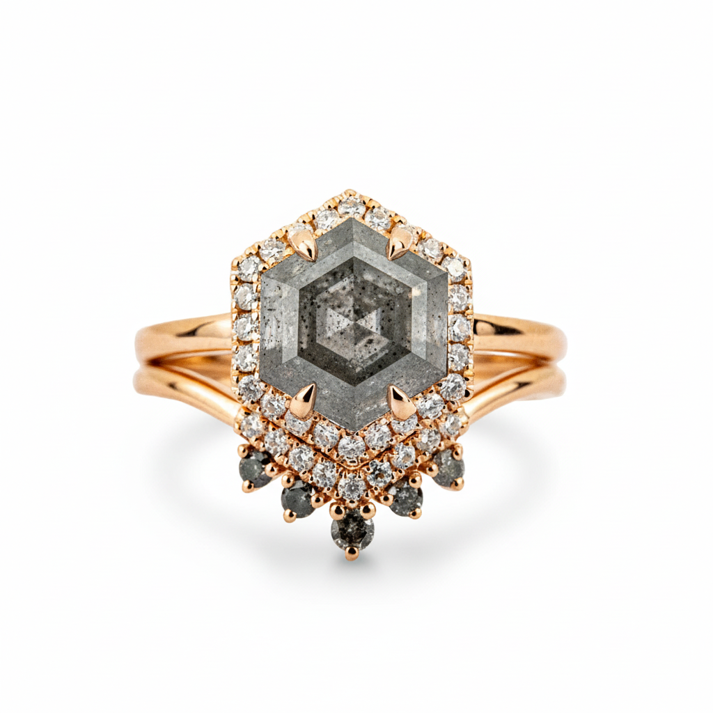 2 Carat Hexagonal Salt and Pepper Diamond Wedding Ring Set