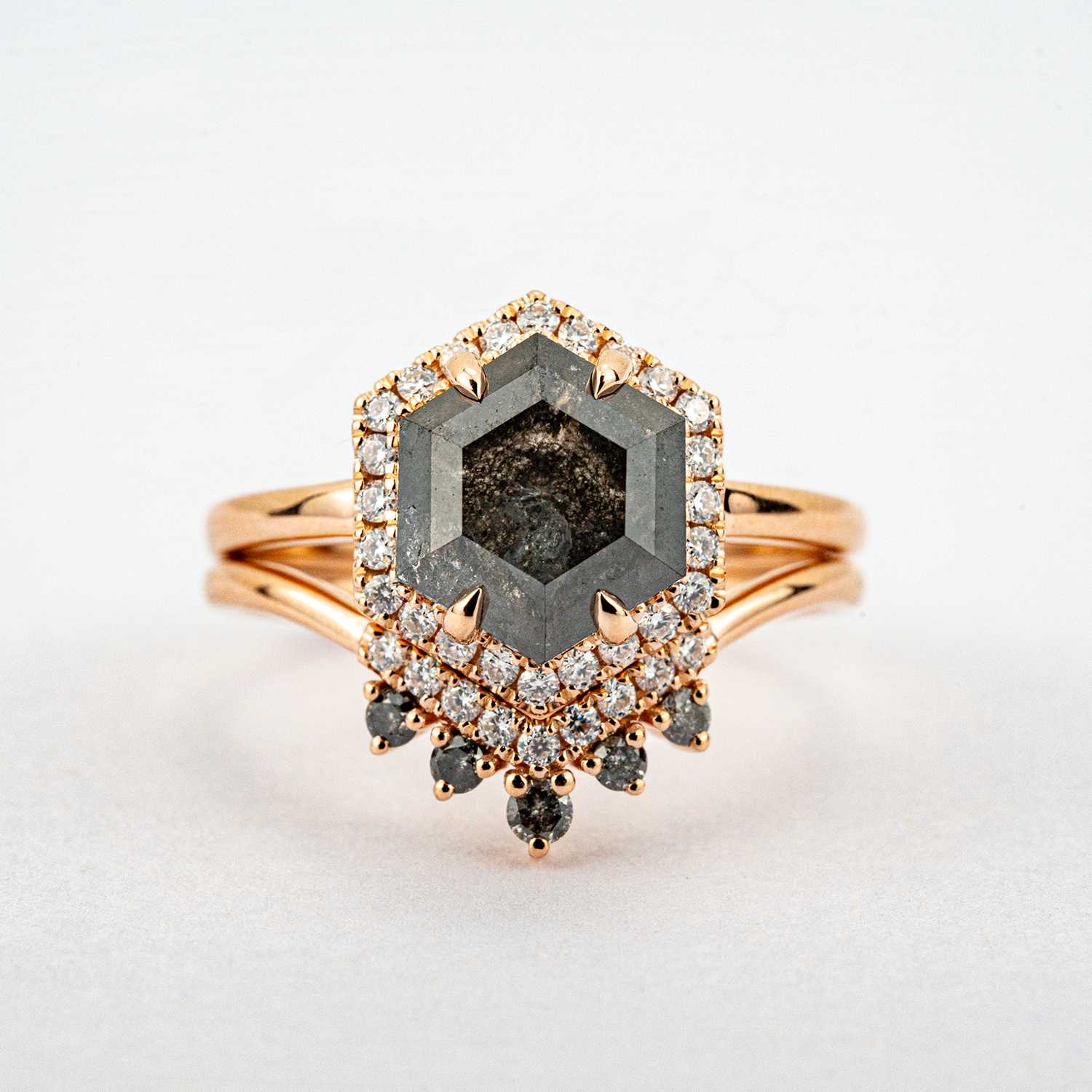 2 Carat Hexagonal Salt and Pepper Diamond Wedding Ring Set 