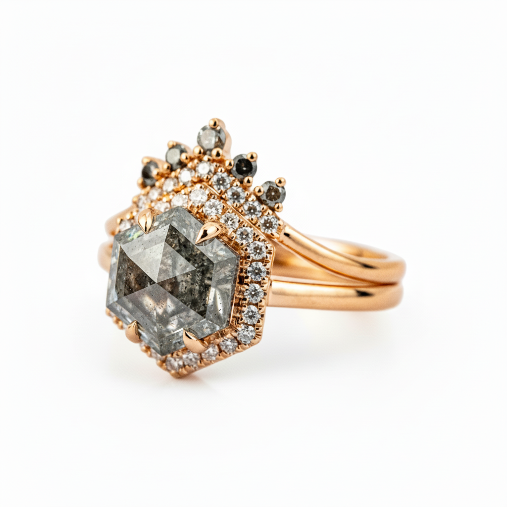Product view of Hexagon Salt and Pepper Diamond Ring Set in Gold