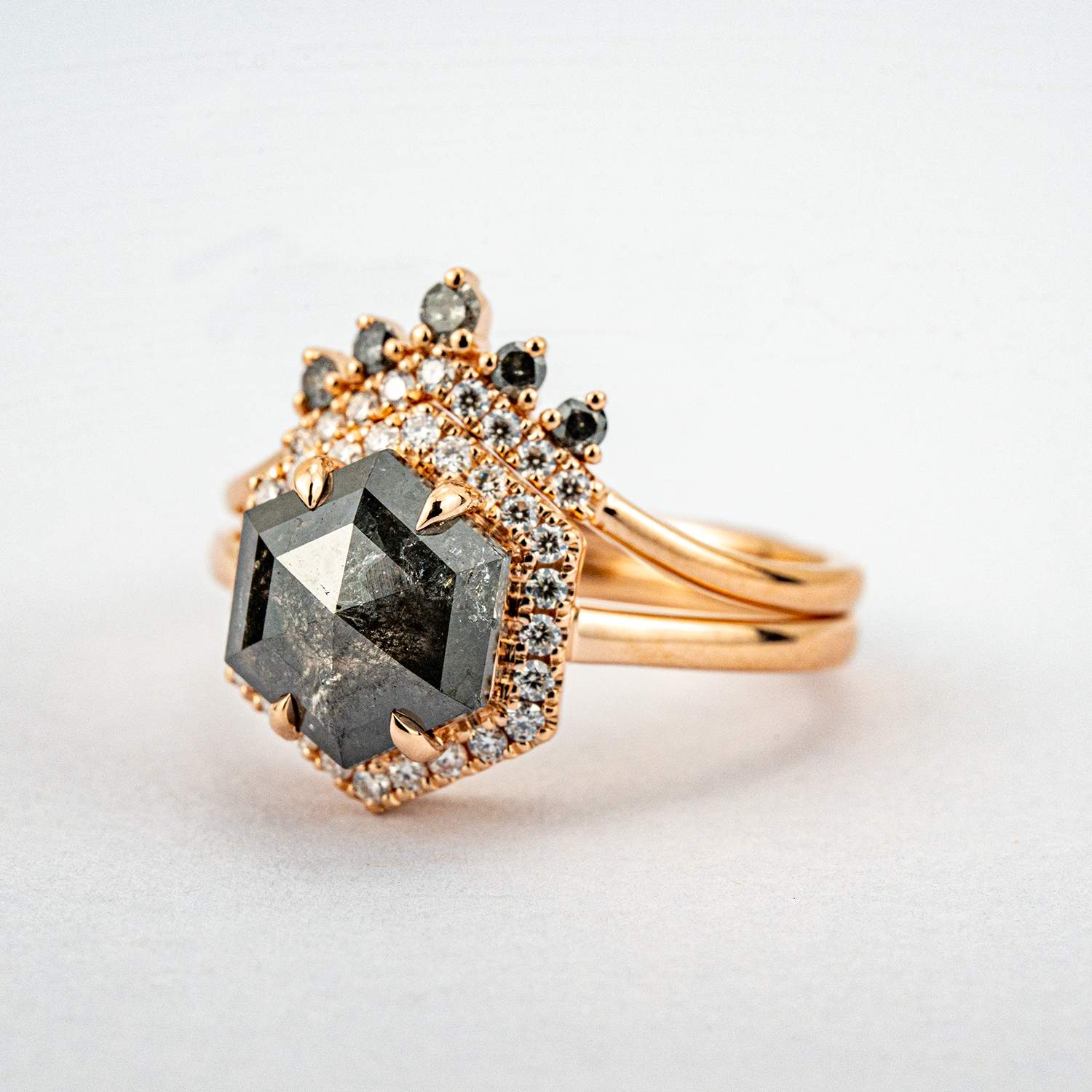 2 Carat Hexagonal Salt and Pepper Diamond Wedding Ring Set 