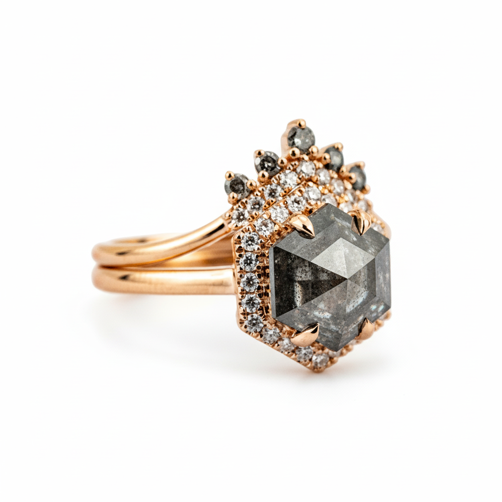 Product view of Hexagon Salt and Pepper Diamond Ring Set in Gold