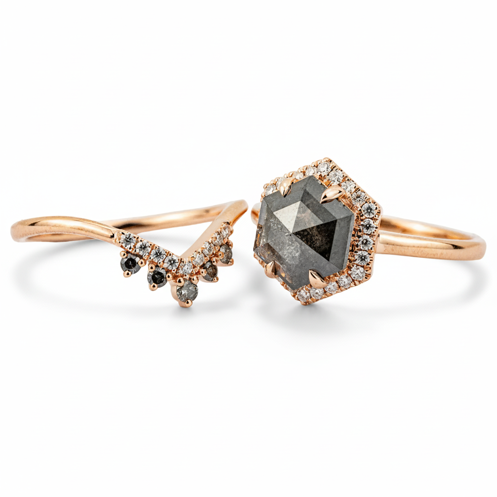 Product view of Hexagon Salt and Pepper Diamond Ring Set in Gold
