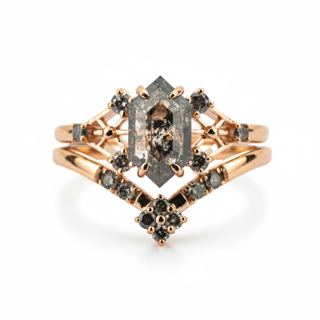 Front view of Long Hexagon Salt and Pepper Diamond Ring Set in Gold