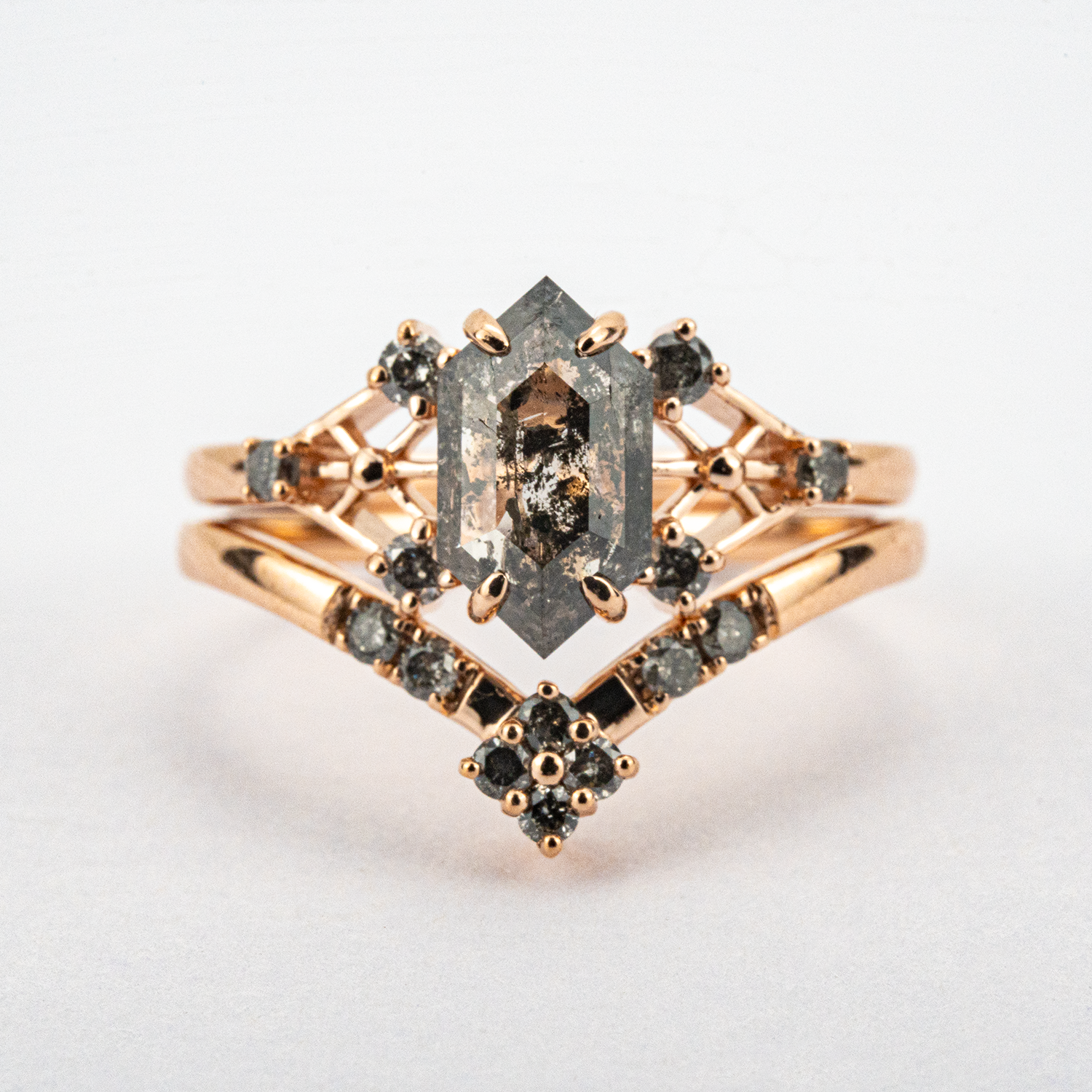 2 Carat Long Hexagonal Salt and Pepper Diamond Engagement Ring Set 