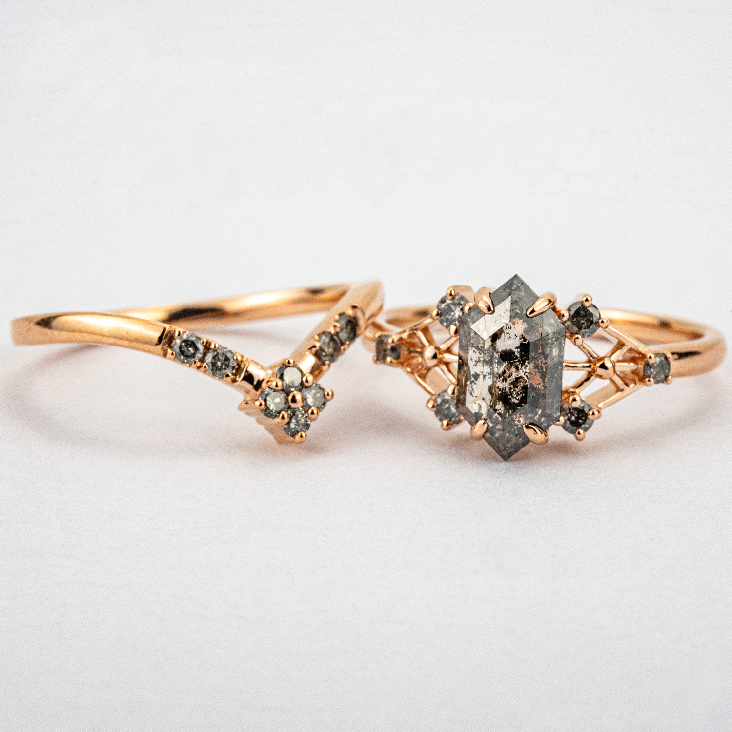 2 Carat Long Hexagonal Salt and Pepper Diamond Engagement Ring Set 