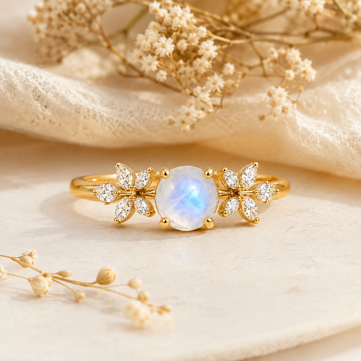 Moonstone floral gold ring with marquise moissanite accents styled with soft ivory flowers