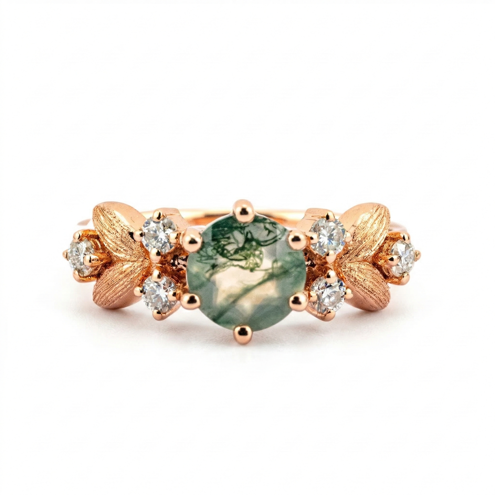 Front view of Round Moss Agate Engagement Ring in Rose Gold