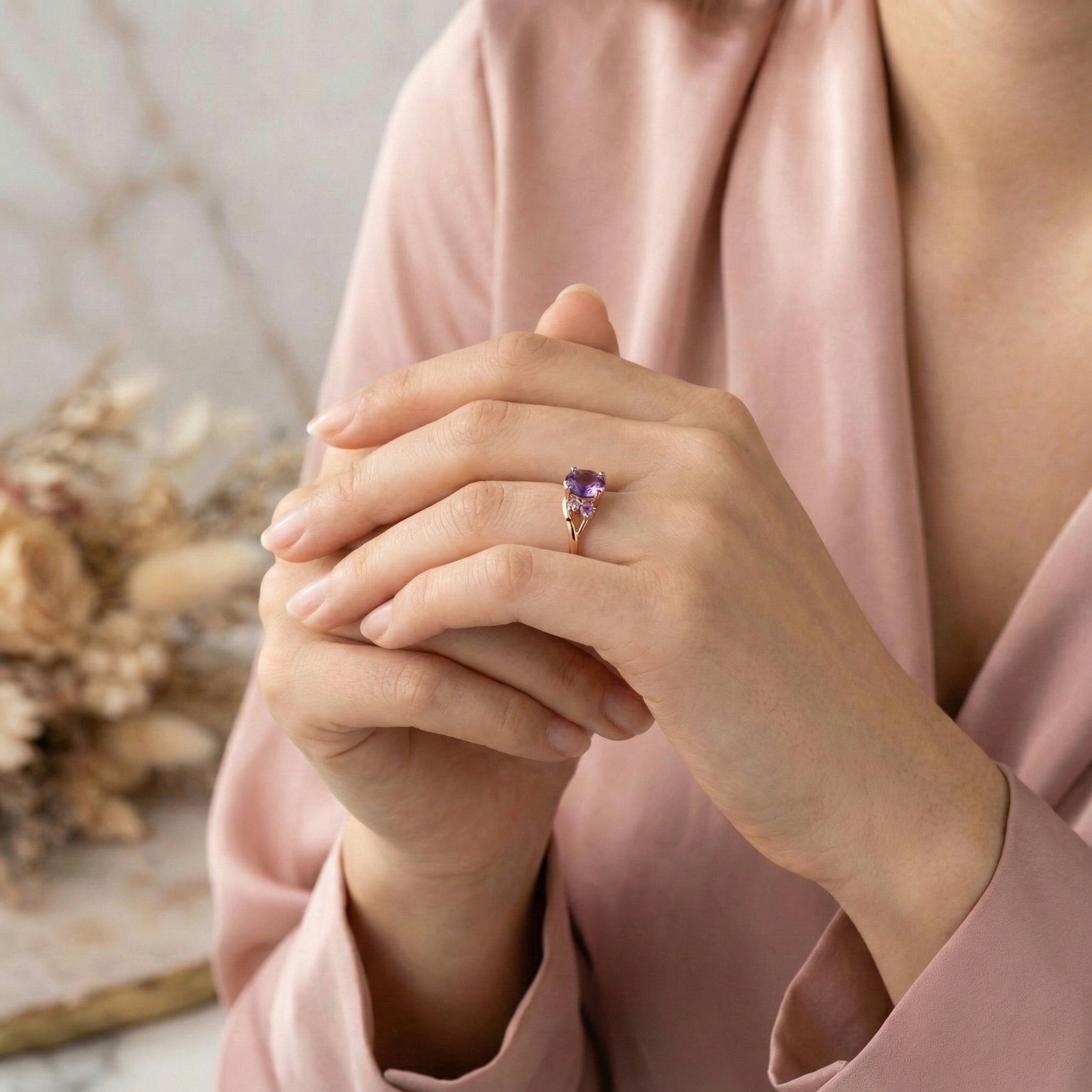 Detailed view of Round Amethyst Engagement Ring in Gold