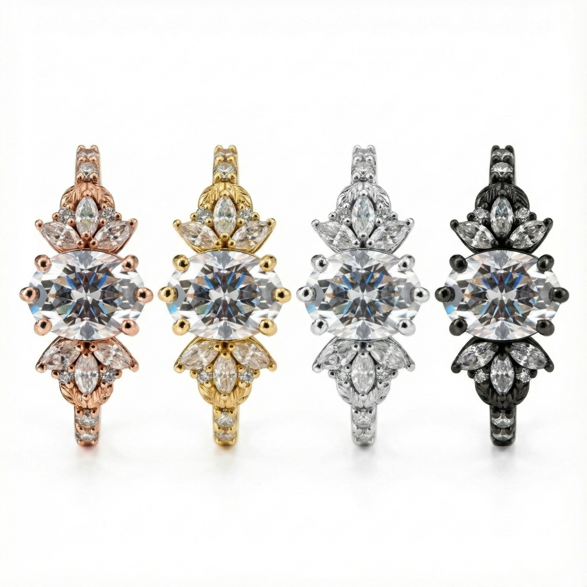 Elegant handmade oval moissanite ring featuring a delicate leaf motif, perfect for adding a touch of nature to your look.