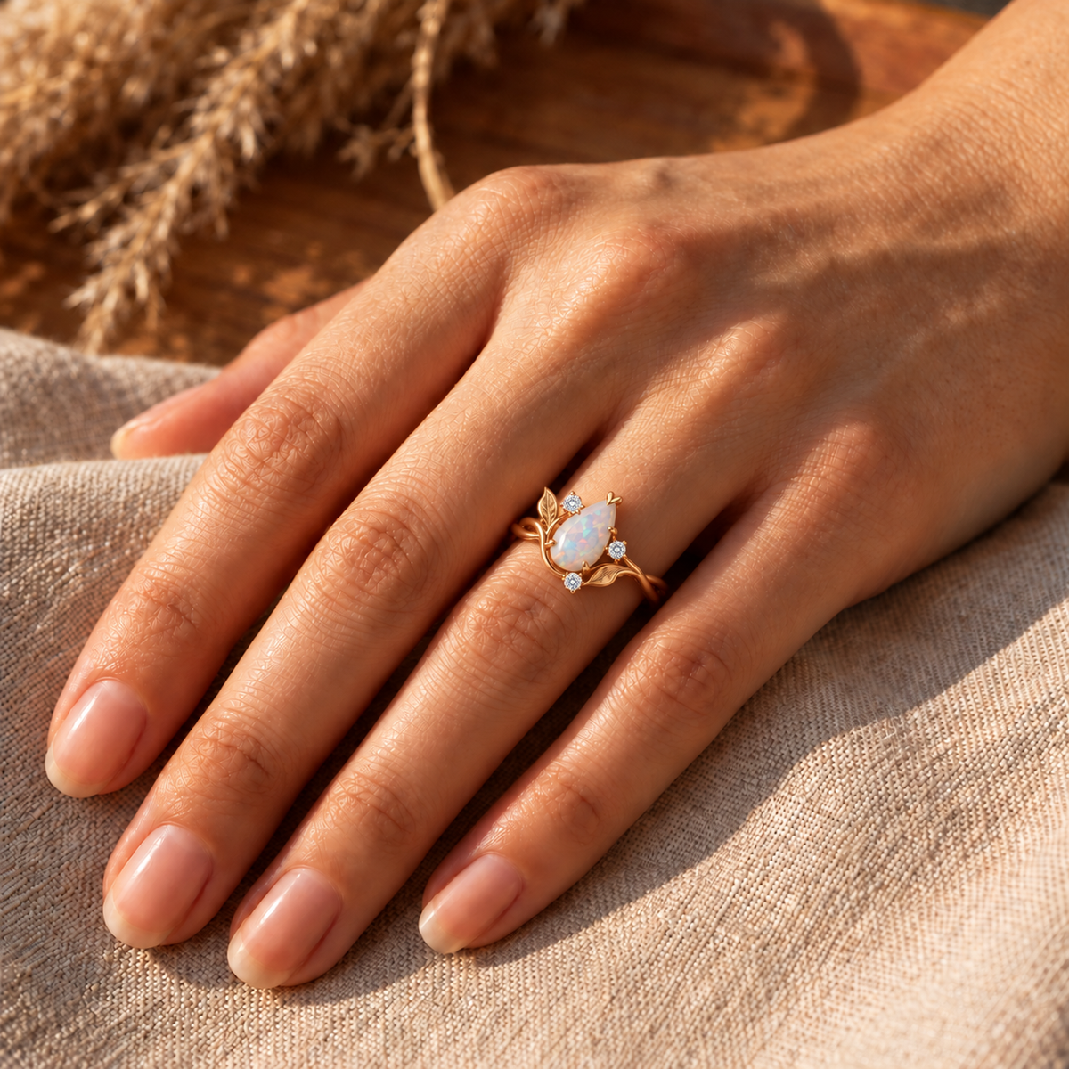 Nature-inspired opal ring with sculpted leaves and flowing gold vine details