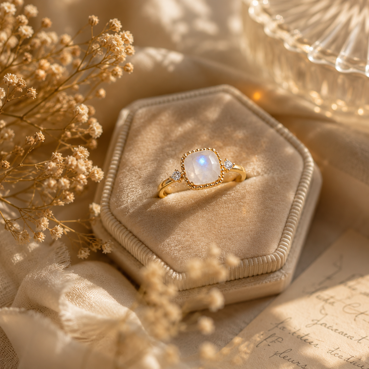 Moonstone beaded gold ring styled in a soft vintage jewelry box with dried flowers