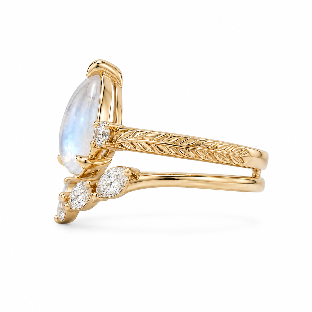 Pear Moonstone Leaf Engagement Ring – Nature Inspired Gold Bridal Ring