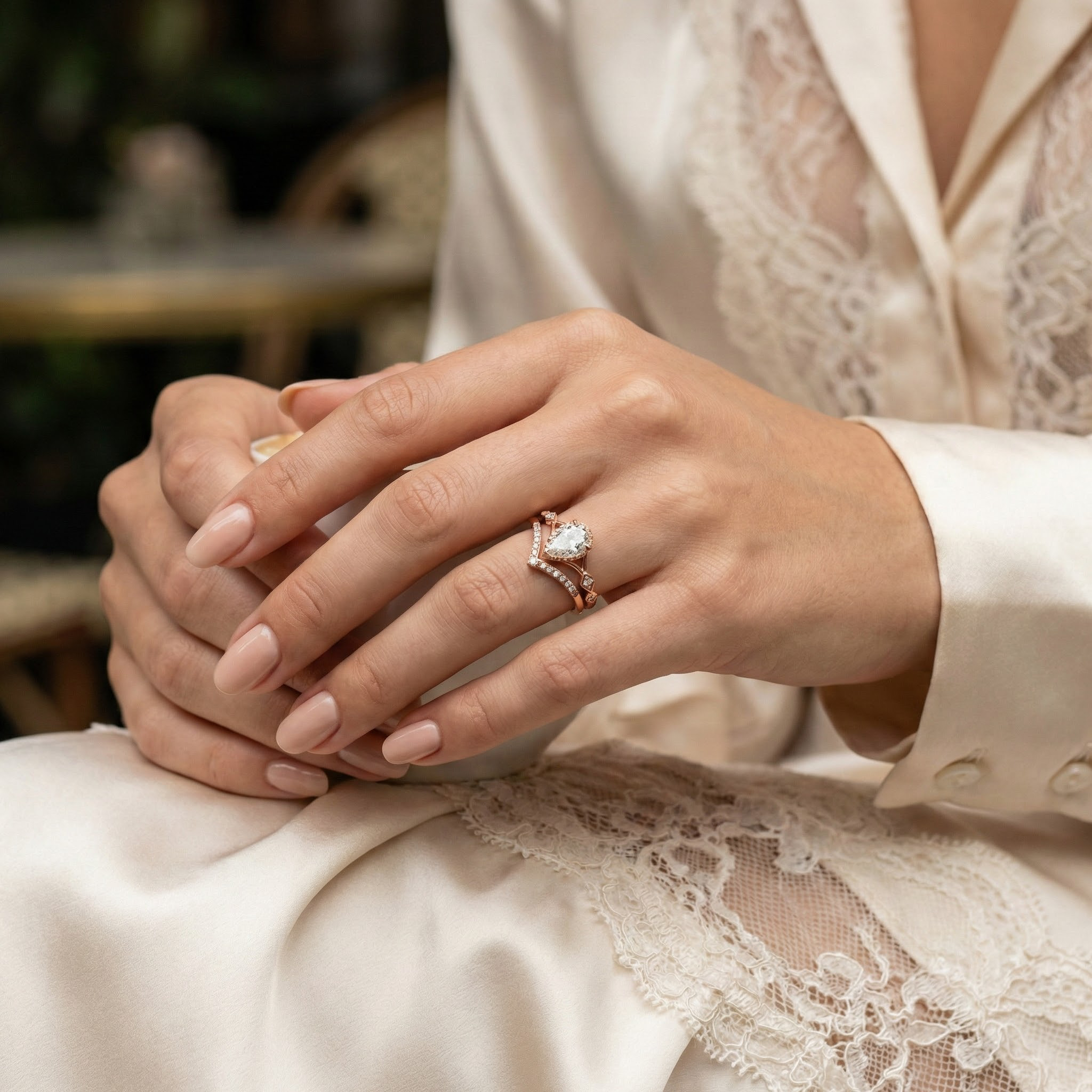 Stunning moissanite ring set with pear cut stones, showcasing timeless and classy design