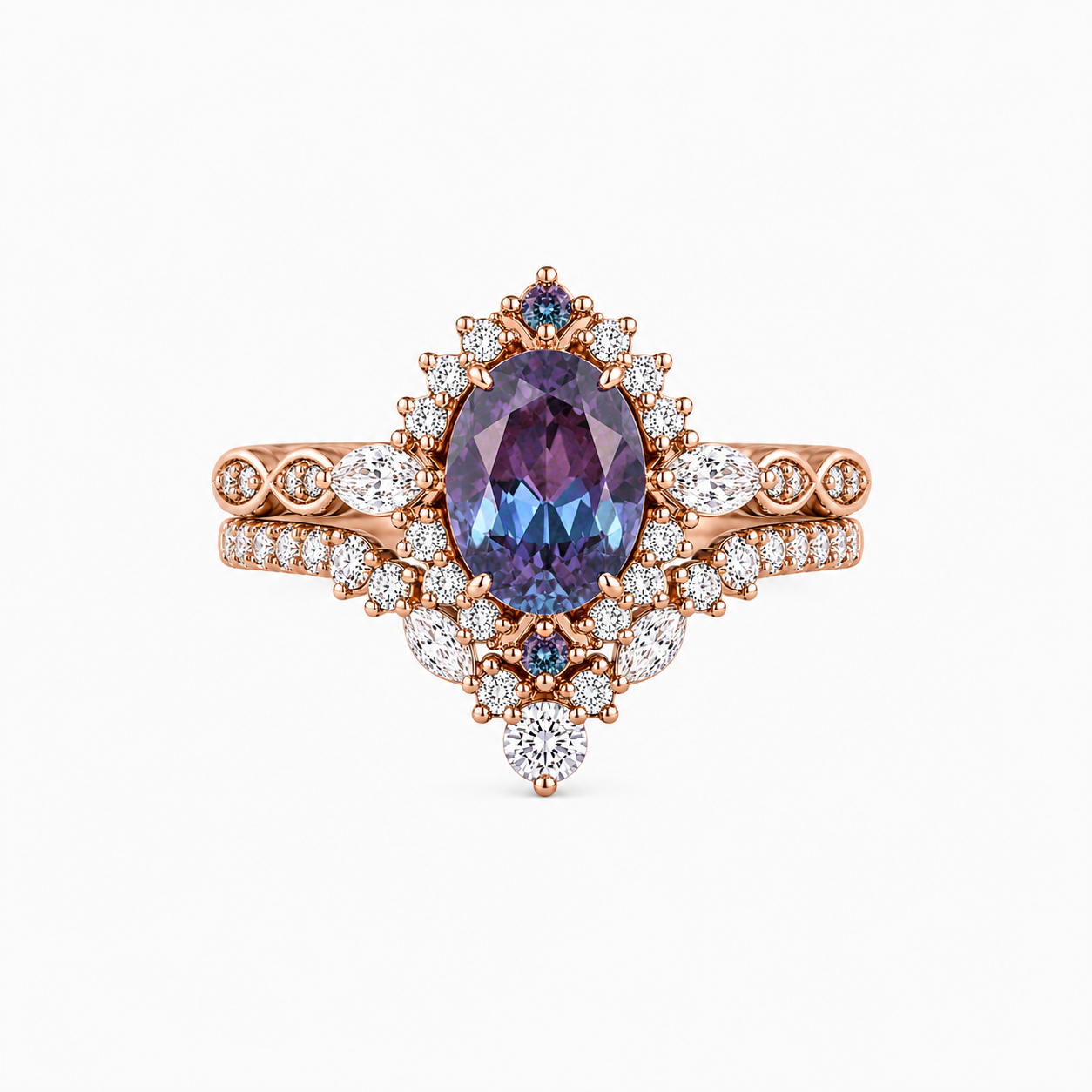 Oval Lab Alexandrite Halo Bridal Ring Set with Floral Wedding Band