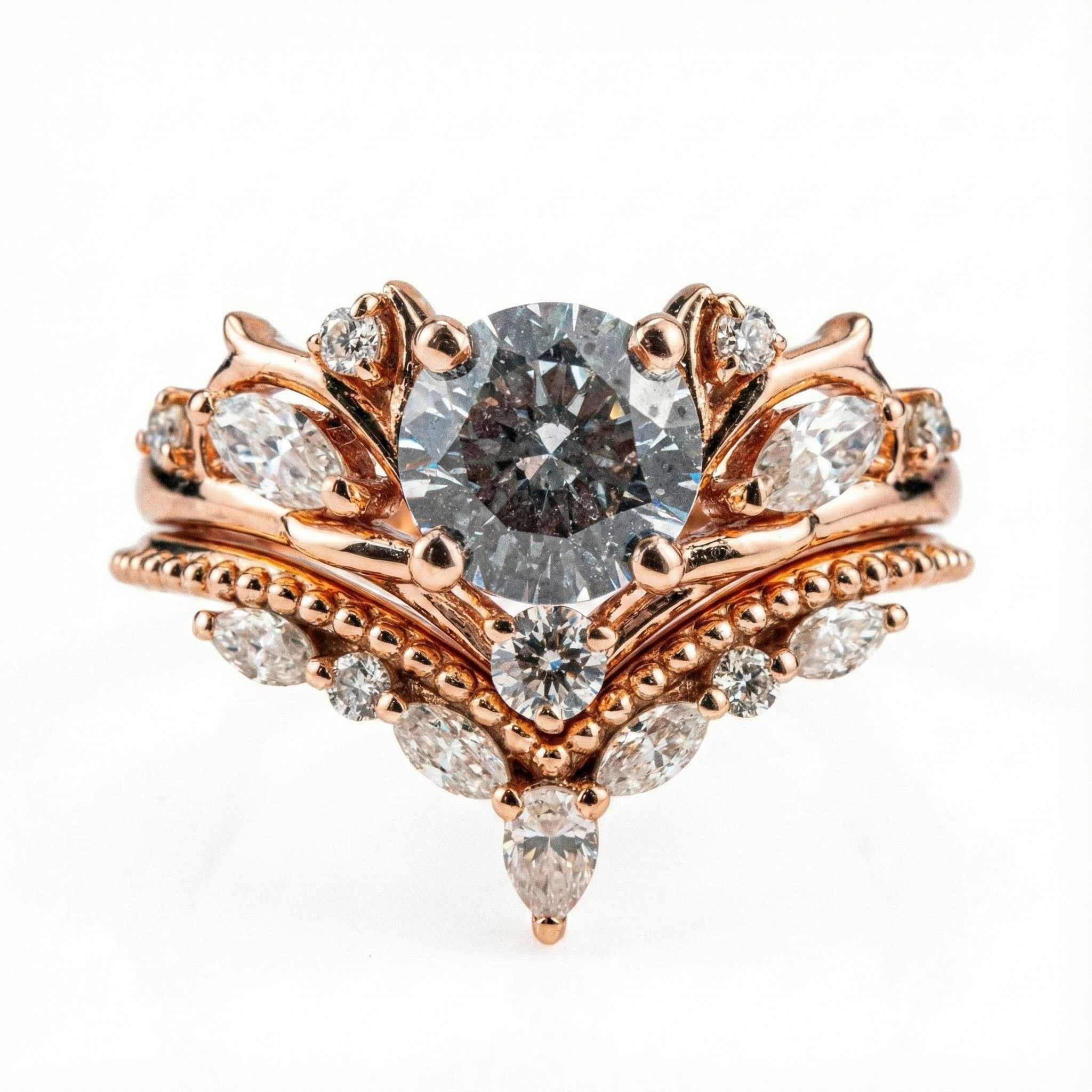 Unique Round Moissanite/Diamond Ring Set, Simple Linear Design