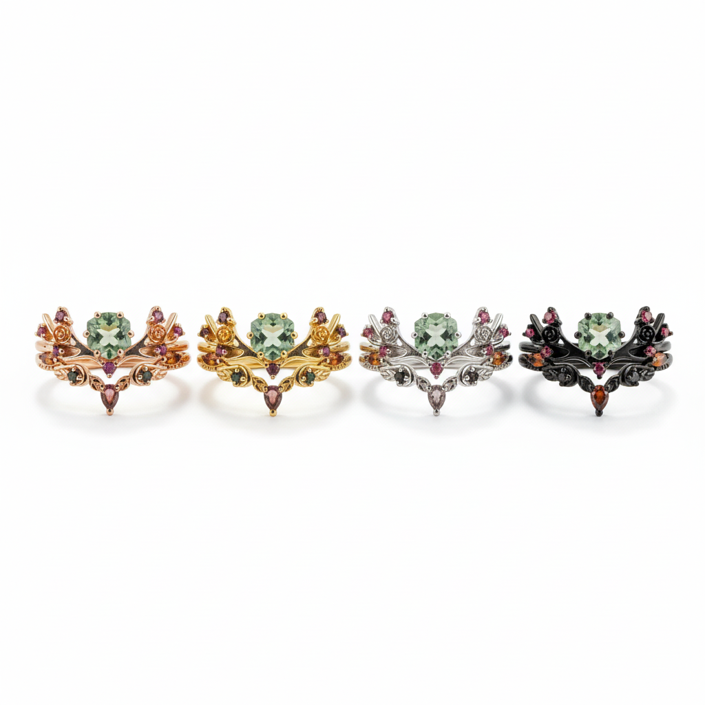 Lifestyle view of Hexagon Moss Agate Ring Set in Gold