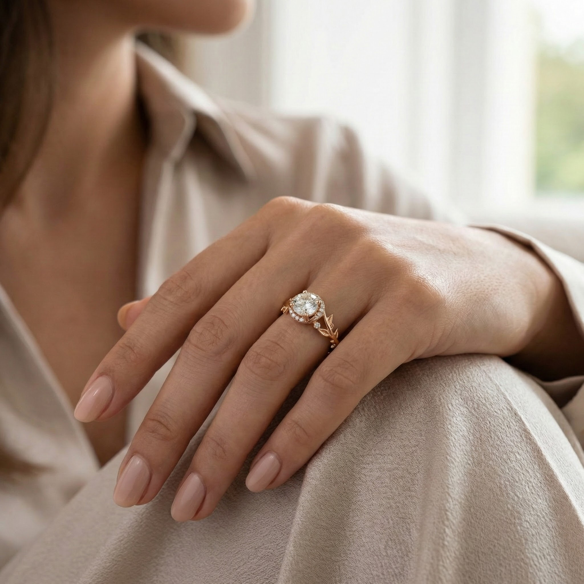 Elegant Rose Gold Leaf Ring featuring Round Moissanite Gemstone - Perfect for adding a touch of sophistication