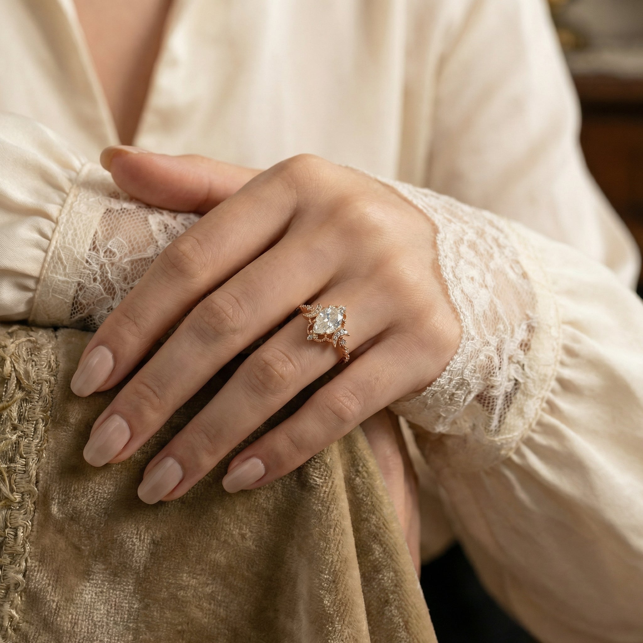Detailed view of Pear Moissanite Engagement Ring in Gold