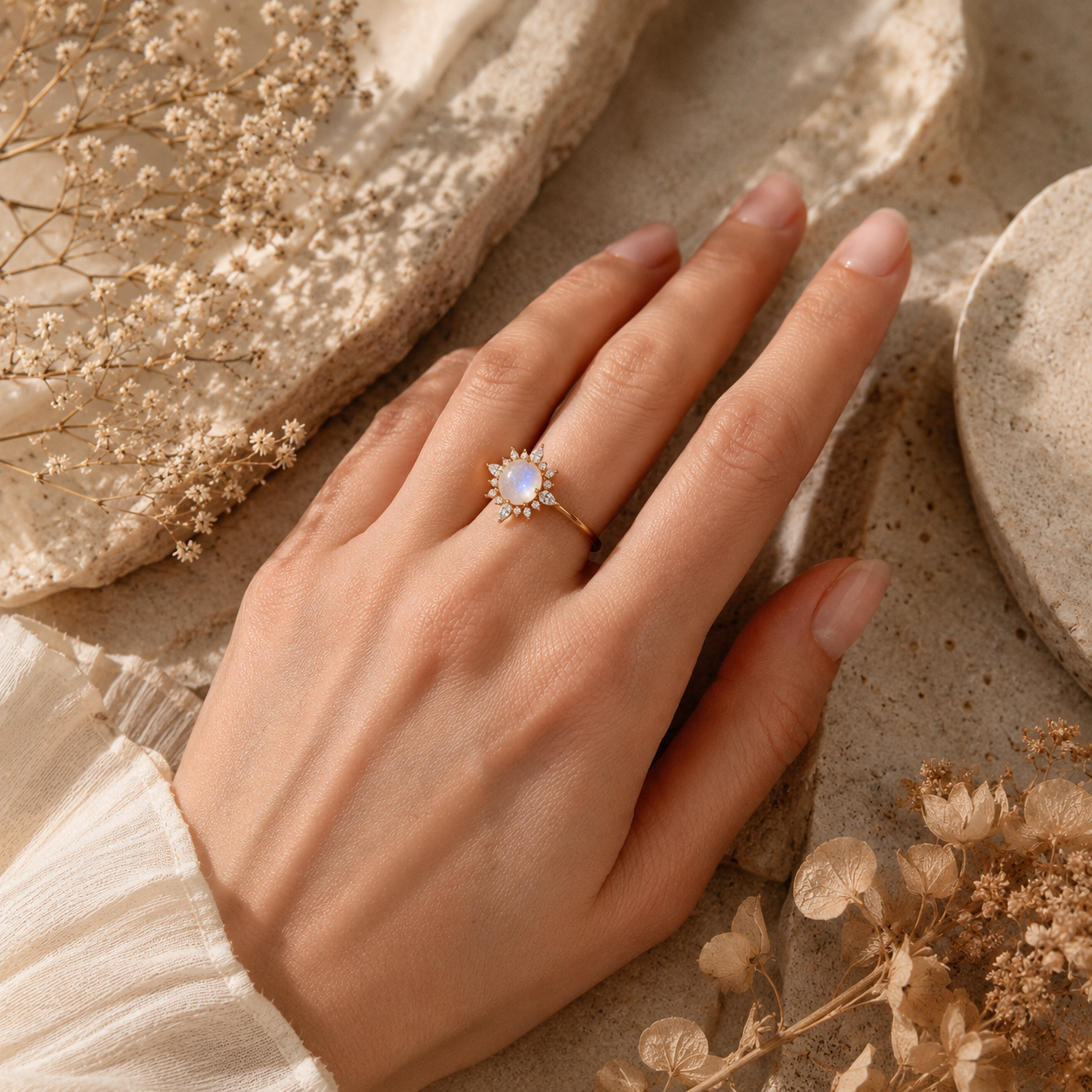 Moonstone halo ring worn by female model